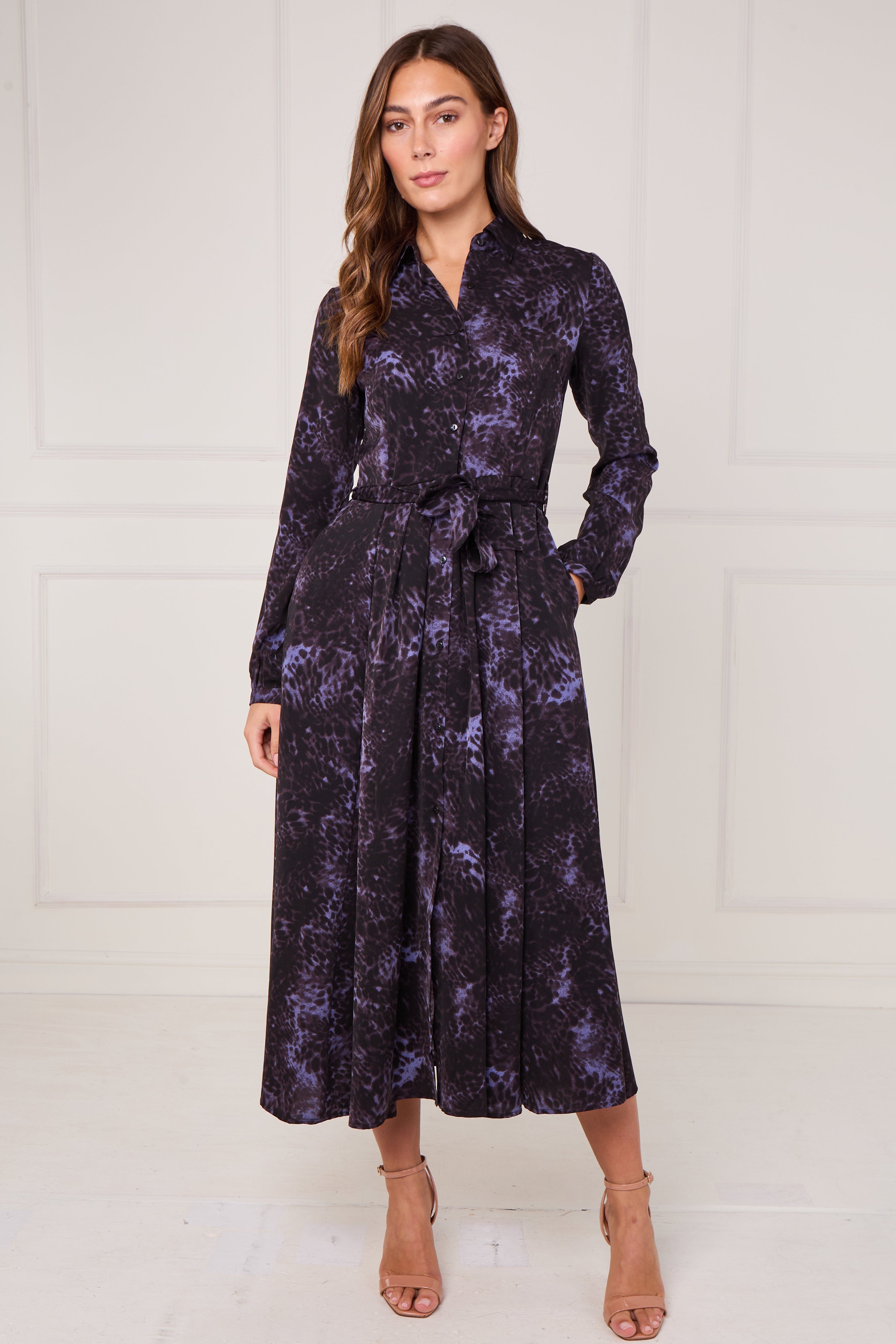 8pcs Black Violet Leopard Print Midaxi Shirt Dress