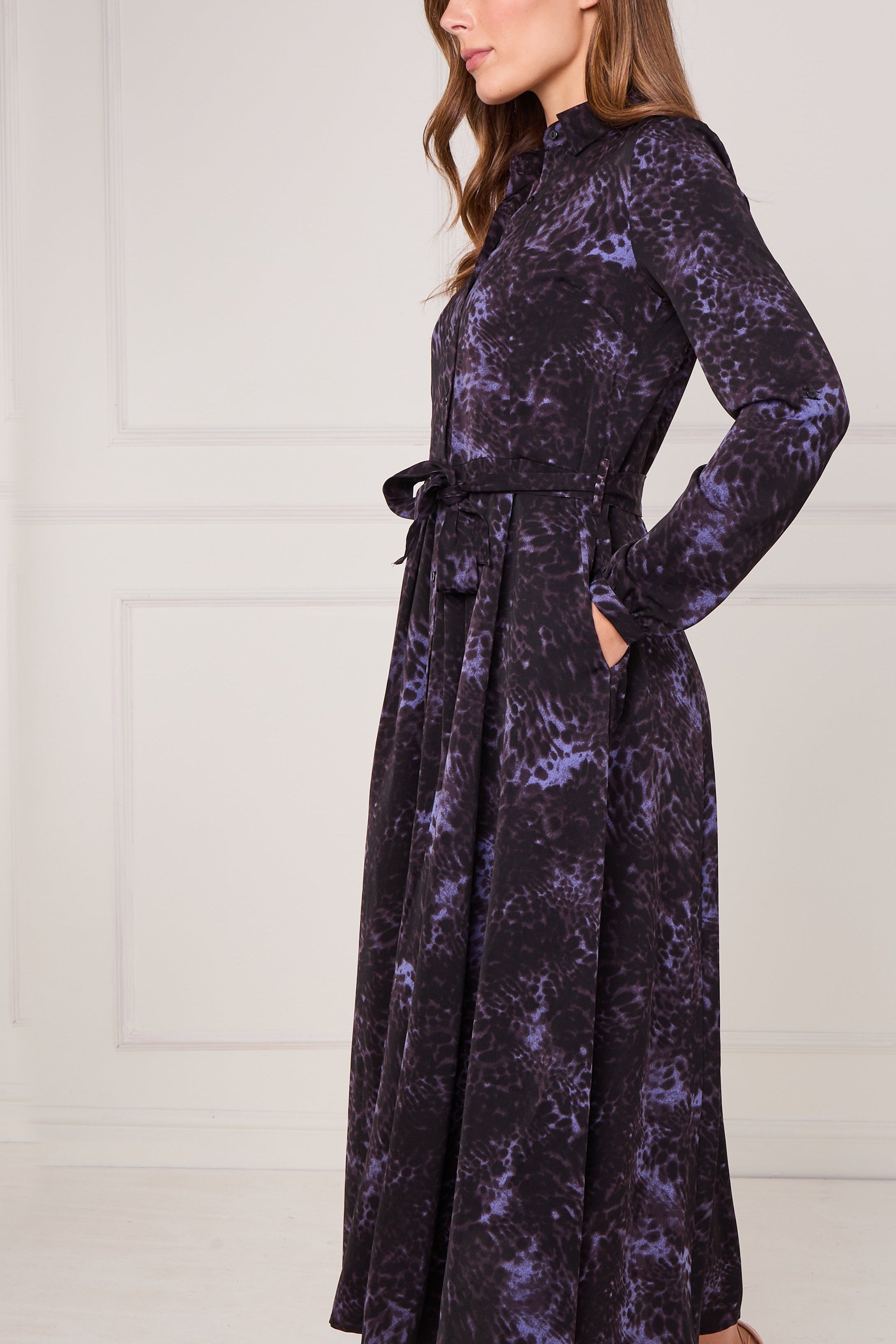 8pcs Black Violet Leopard Print Midaxi Shirt Dress