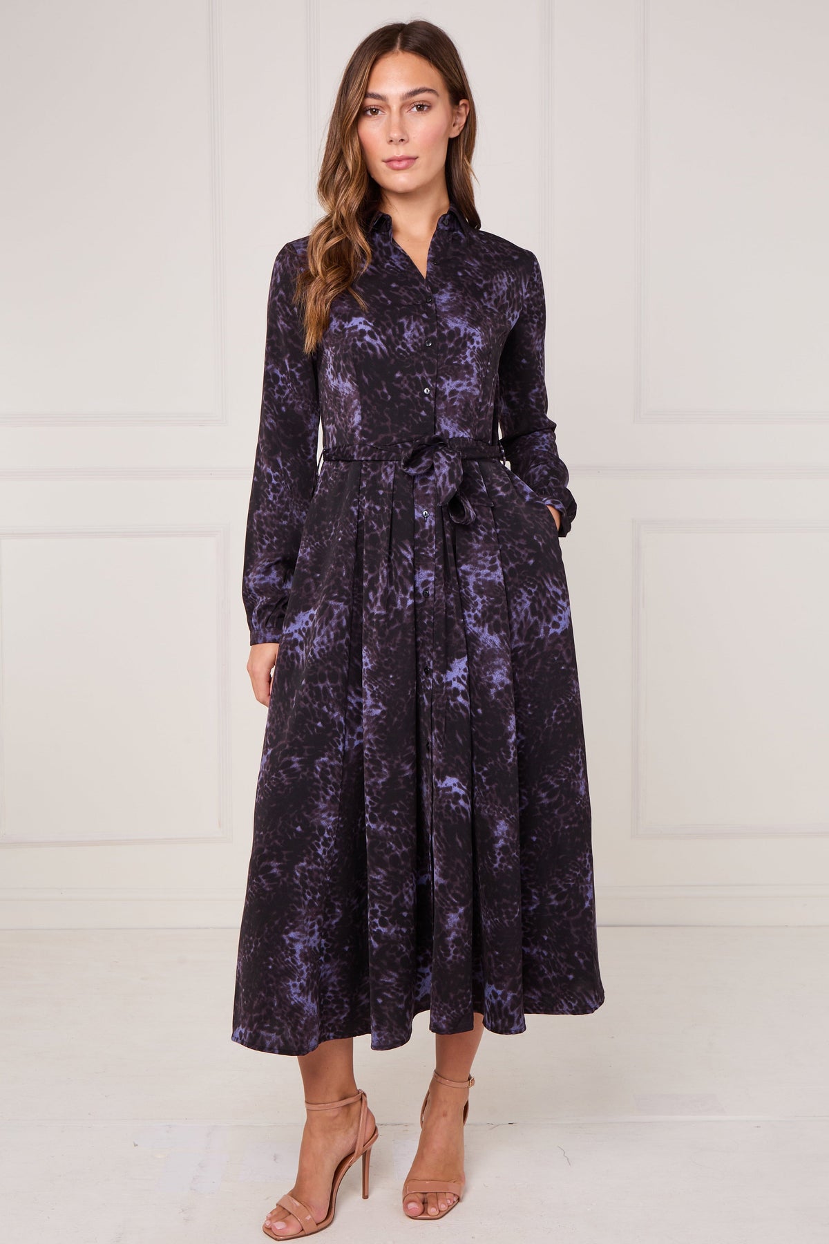 8pcs Black Violet Leopard Print Midaxi Shirt Dress