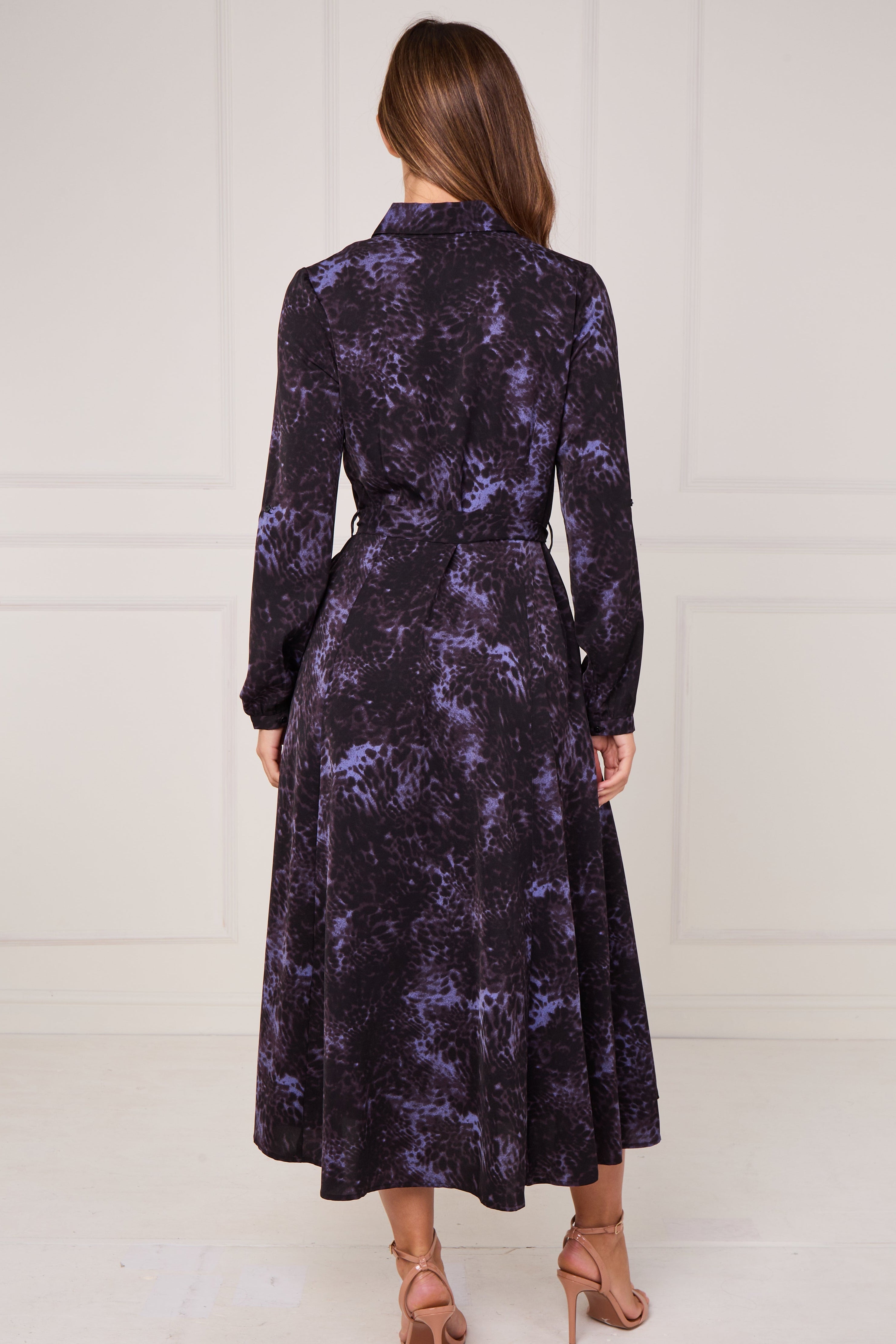 8pcs Black Violet Leopard Print Midaxi Shirt Dress