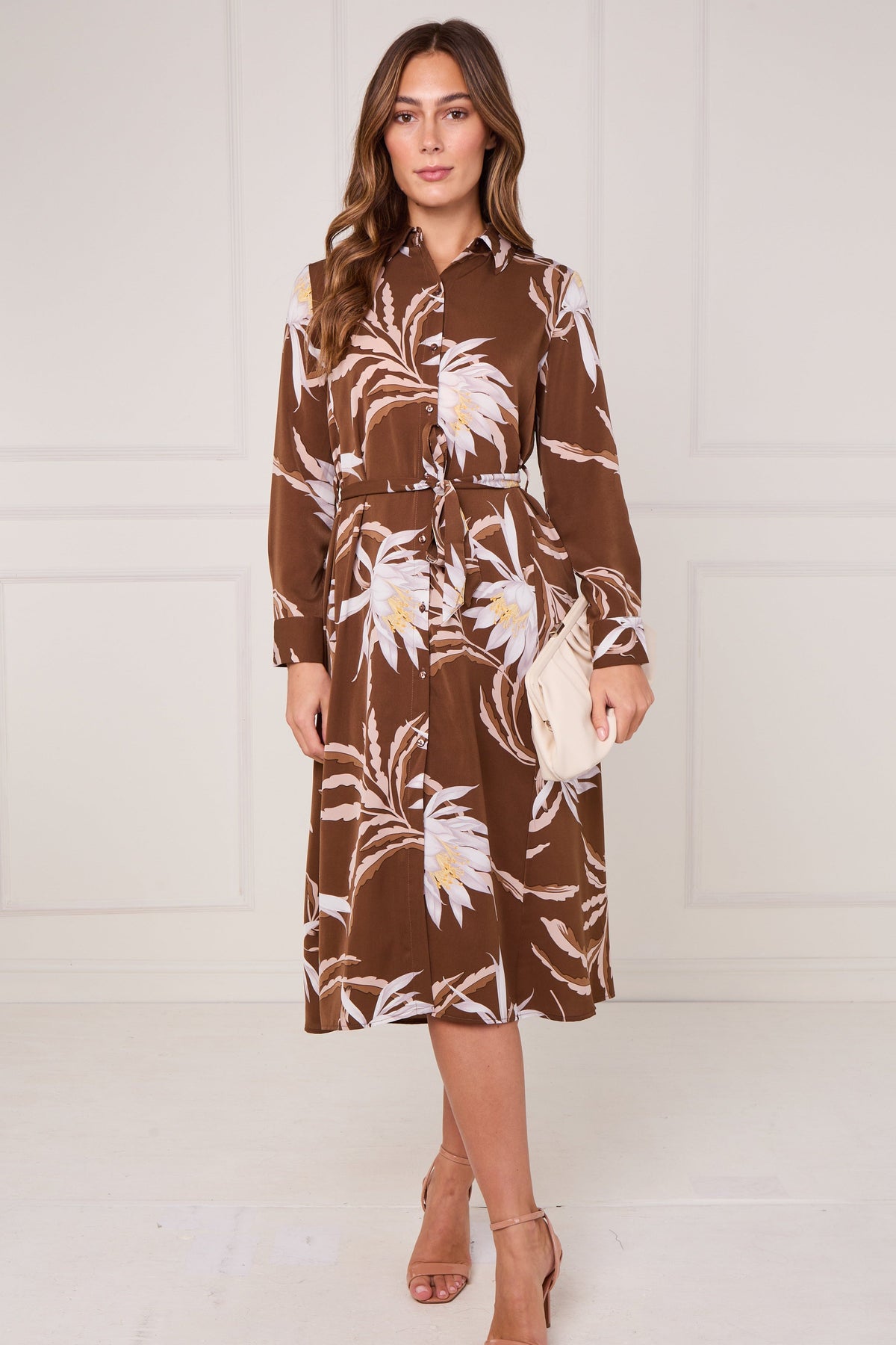 8Pcs Brown and Ivory Botanical Floral Print Midi Shirt Dress