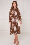 8Pcs Brown and Ivory Botanical Floral Print Midi Shirt Dress