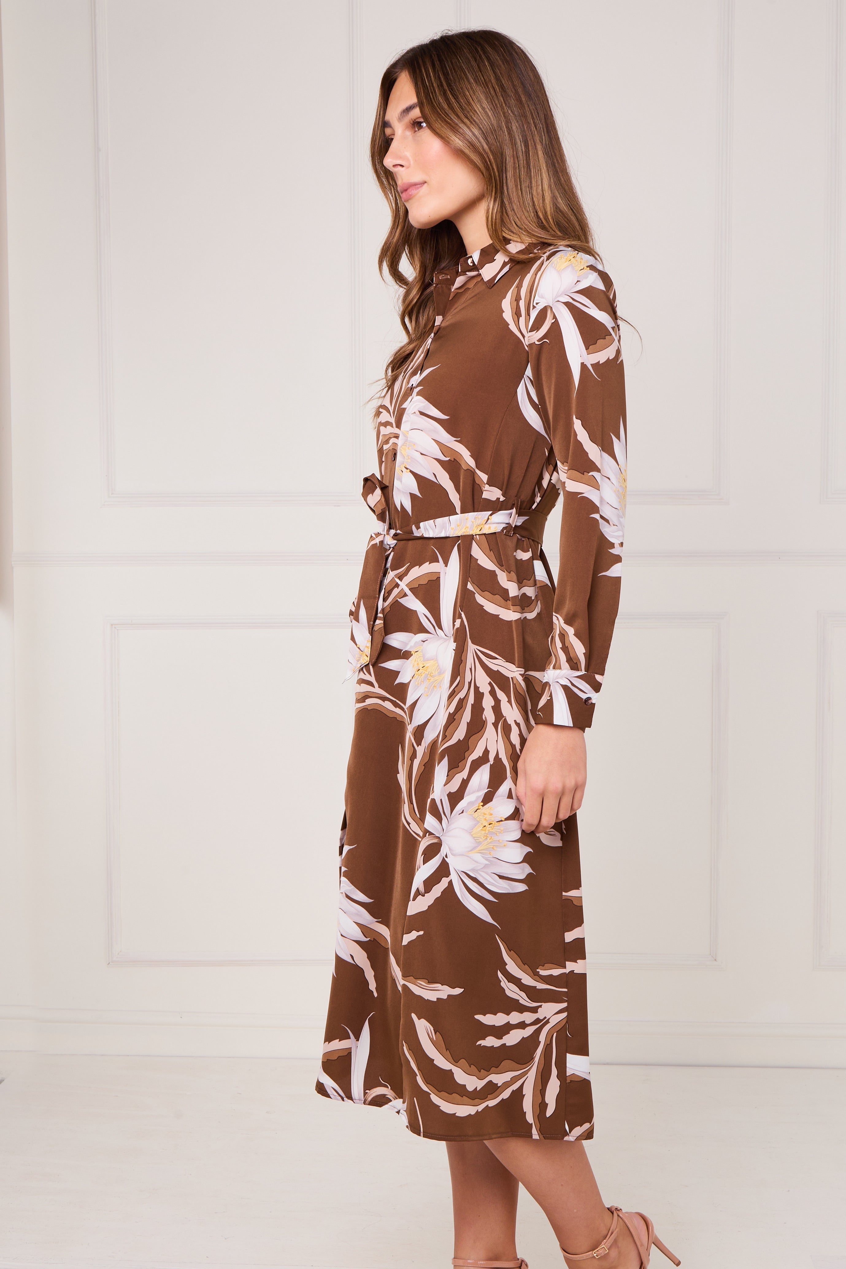 8Pcs Brown and Ivory Botanical Floral Print Midi Shirt Dress