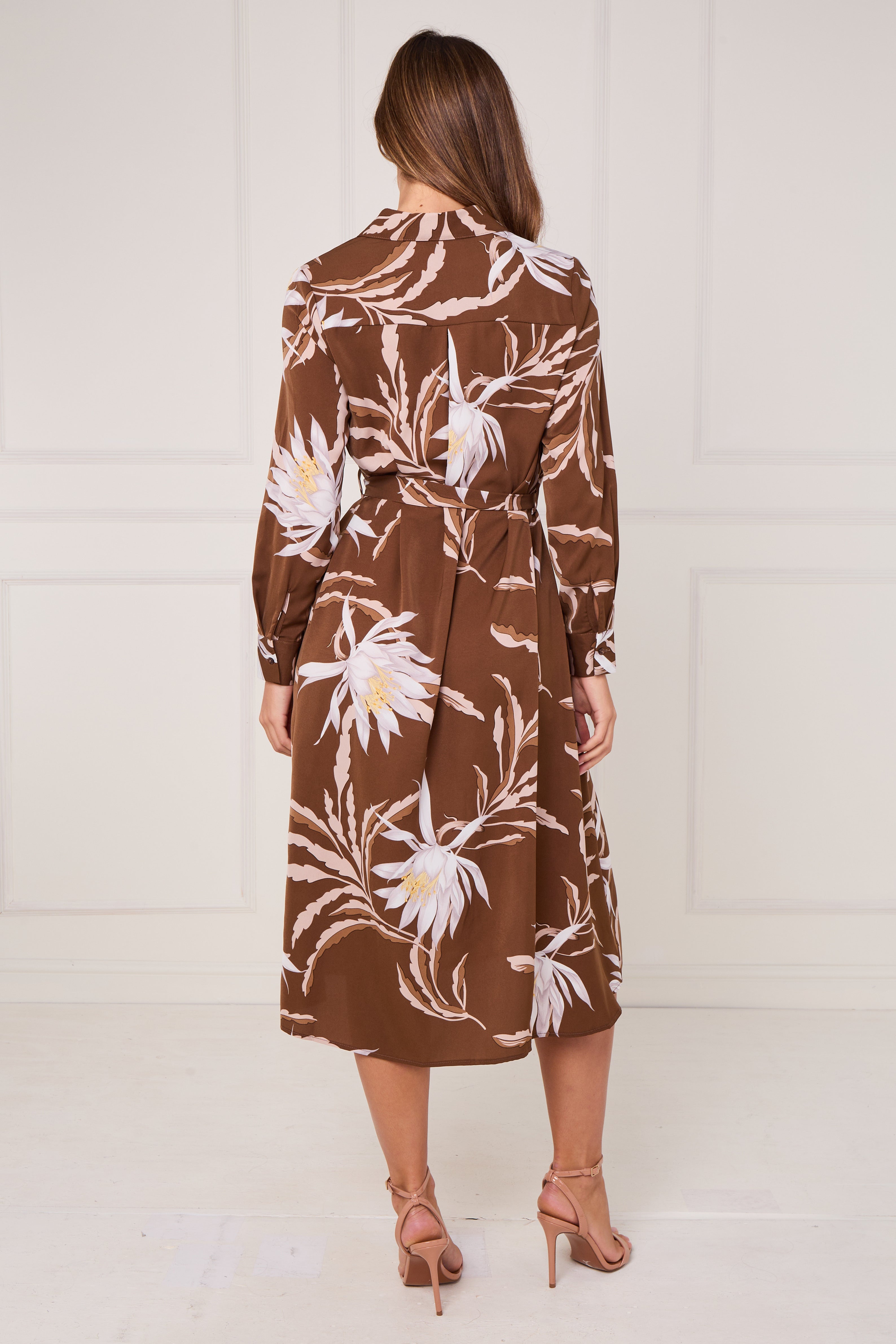8Pcs Brown and Ivory Botanical Floral Print Midi Shirt Dress