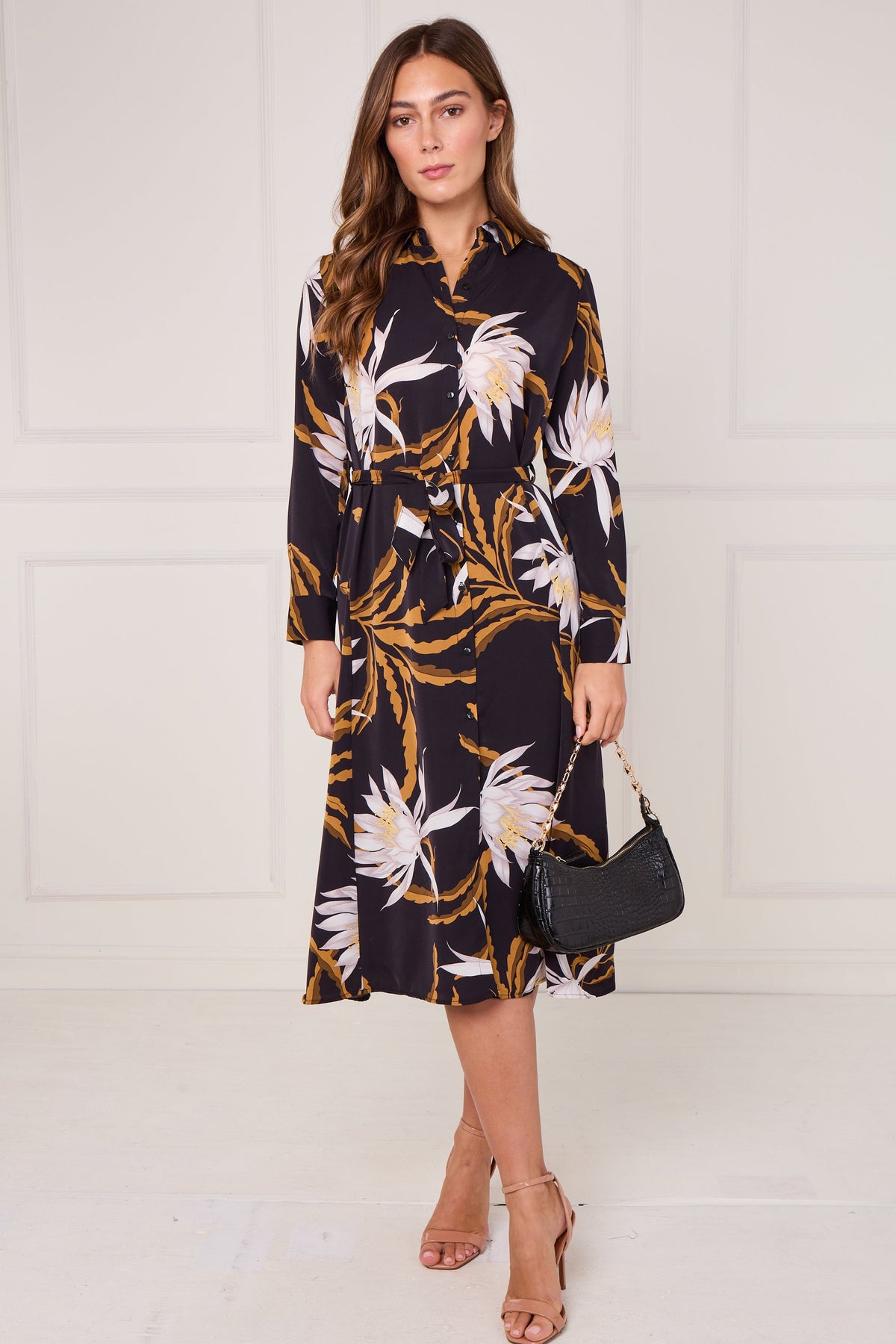 8Pcs Black and Mustard Botanical Floral Print Midi Shirt Dress