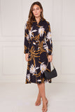 8Pcs Black and Mustard Botanical Floral Print Midi Shirt Dress