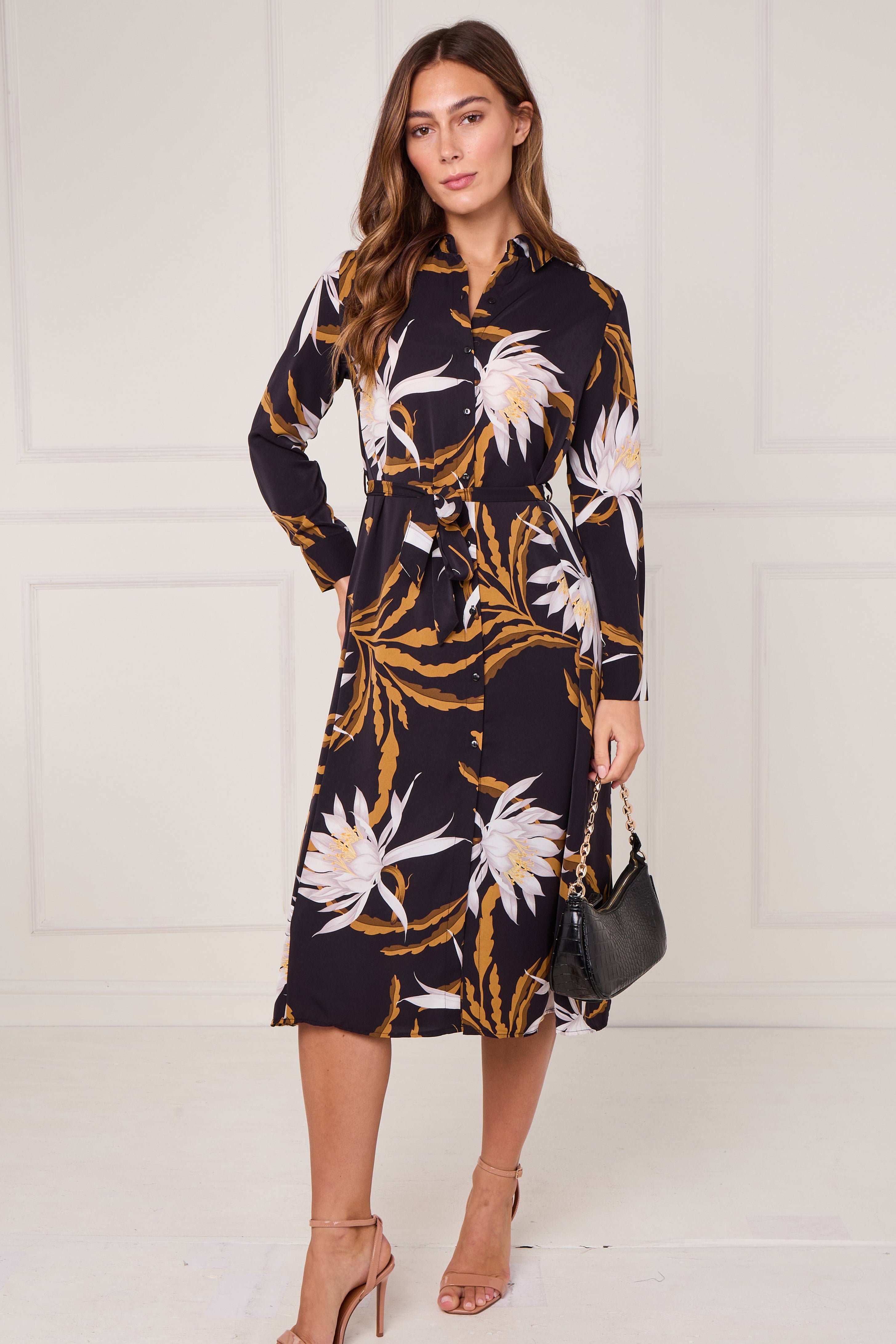 8Pcs Black and Mustard Botanical Floral Print Midi Shirt Dress