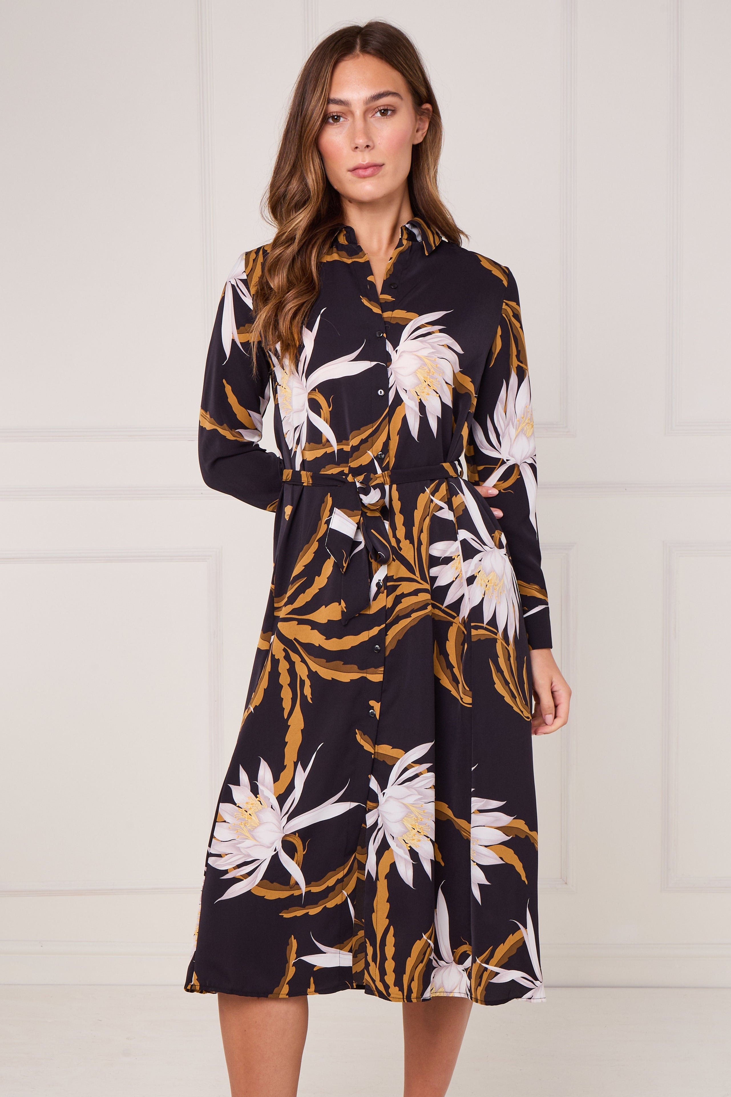 8Pcs Black and Mustard Botanical Floral Print Midi Shirt Dress