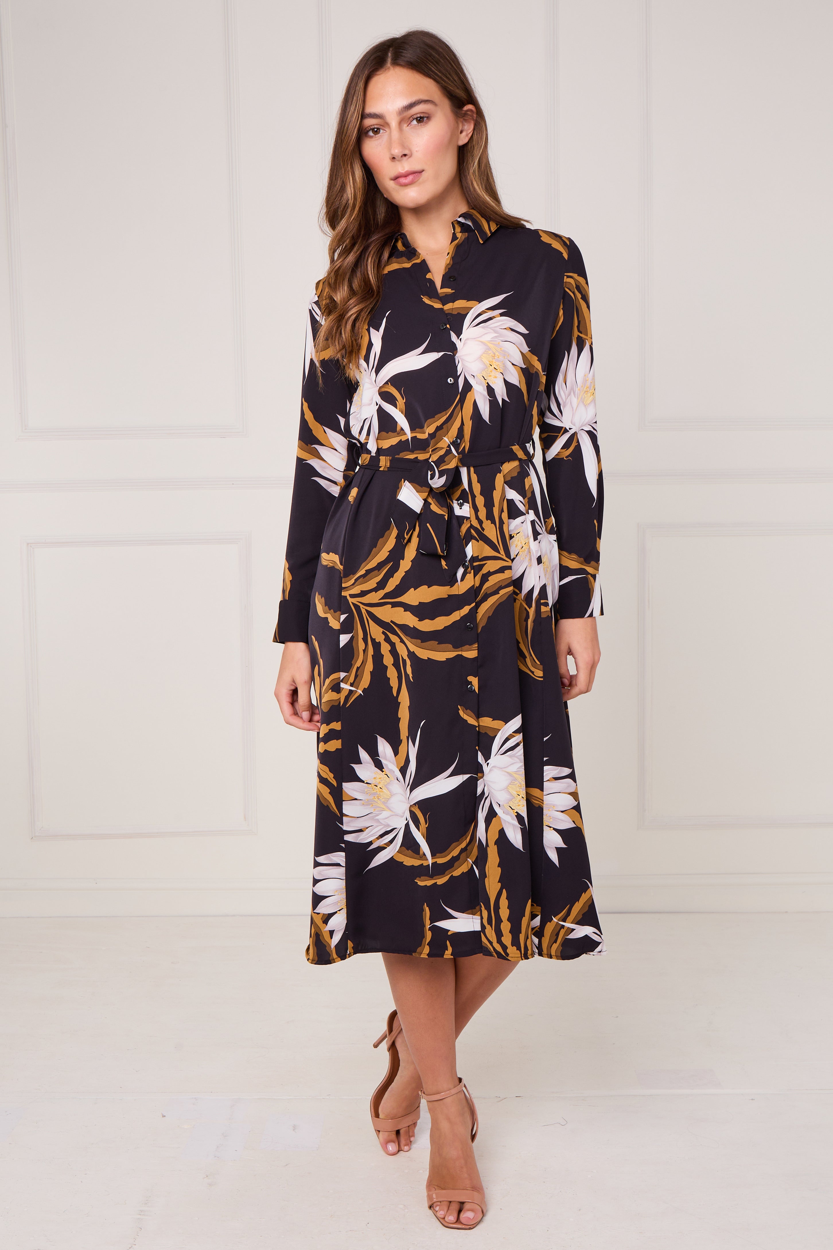 8Pcs Black and Mustard Botanical Floral Print Midi Shirt Dress
