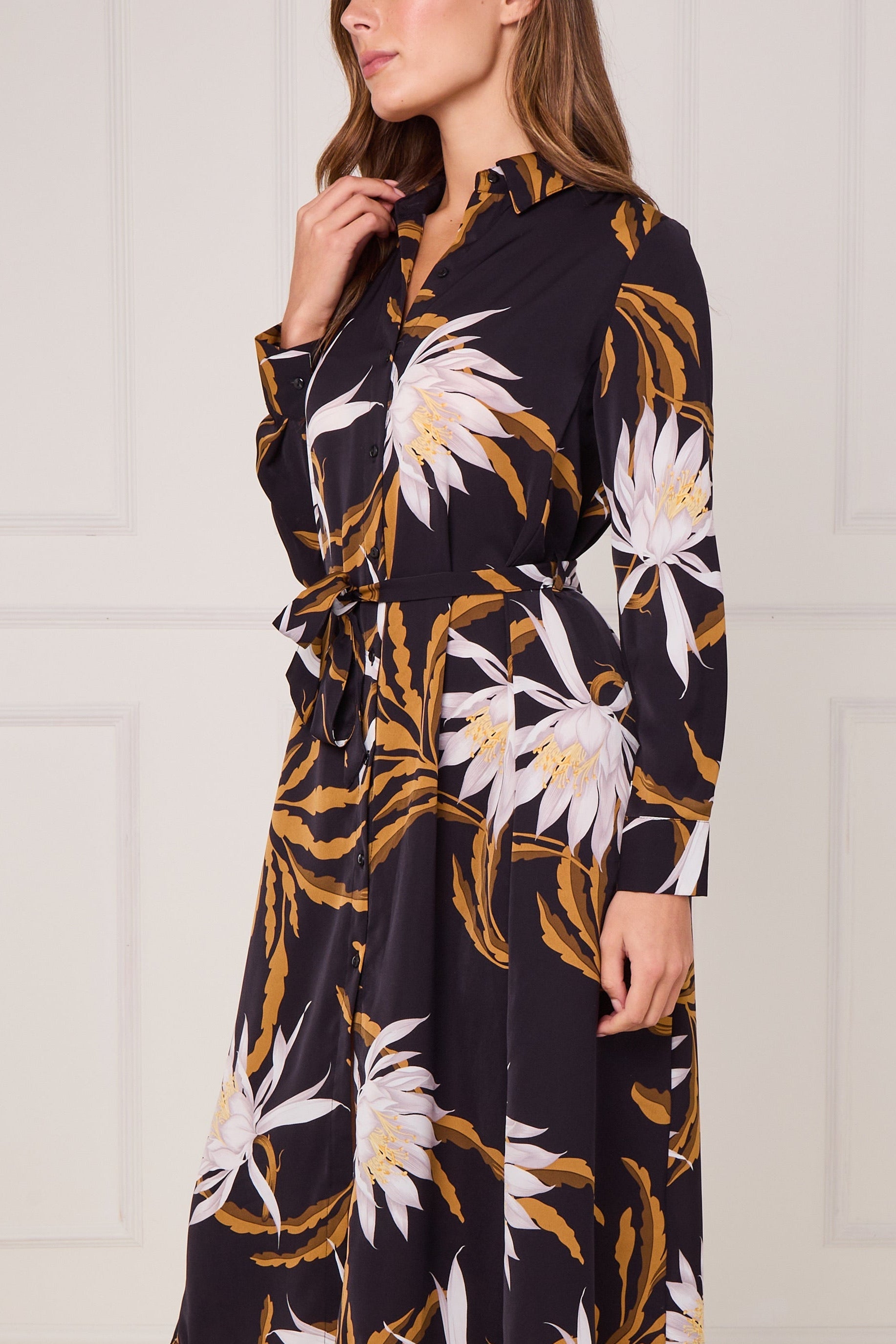 8Pcs Black and Mustard Botanical Floral Print Midi Shirt Dress