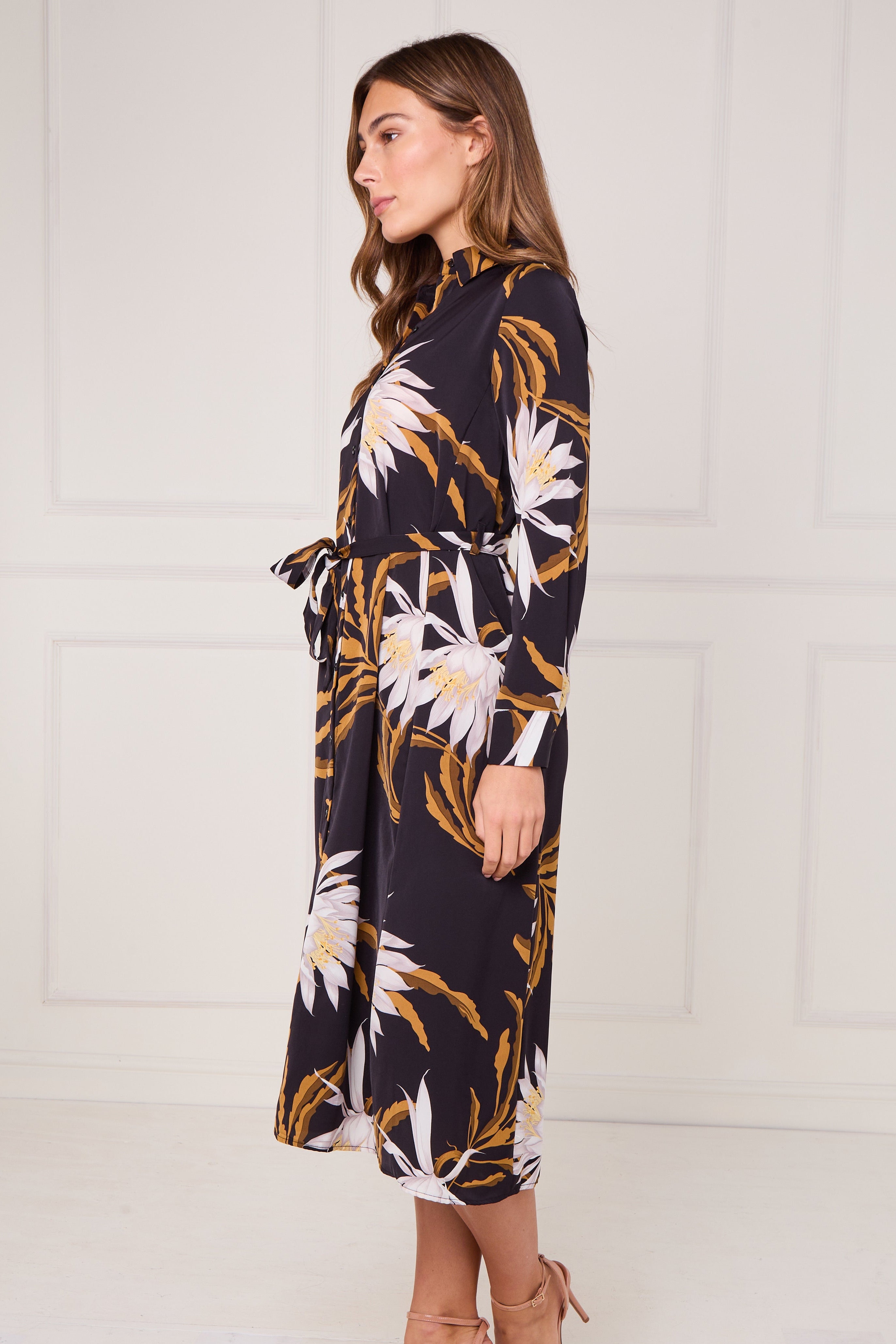 8Pcs Black and Mustard Botanical Floral Print Midi Shirt Dress