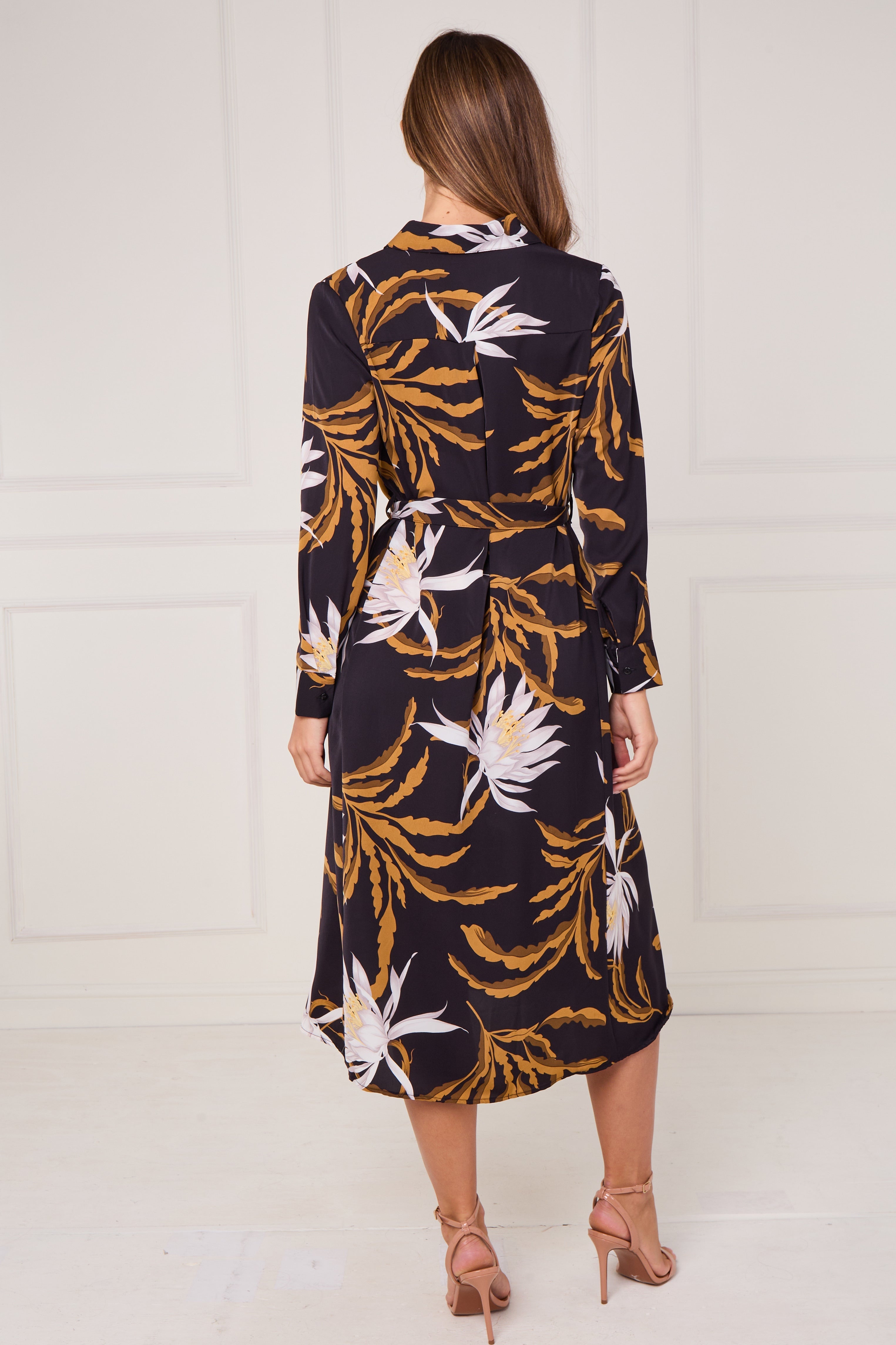 8Pcs Black and Mustard Botanical Floral Print Midi Shirt Dress