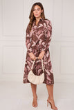 8Pcs Brown and Pink Botanical Floral Print Midi Shirt Dress