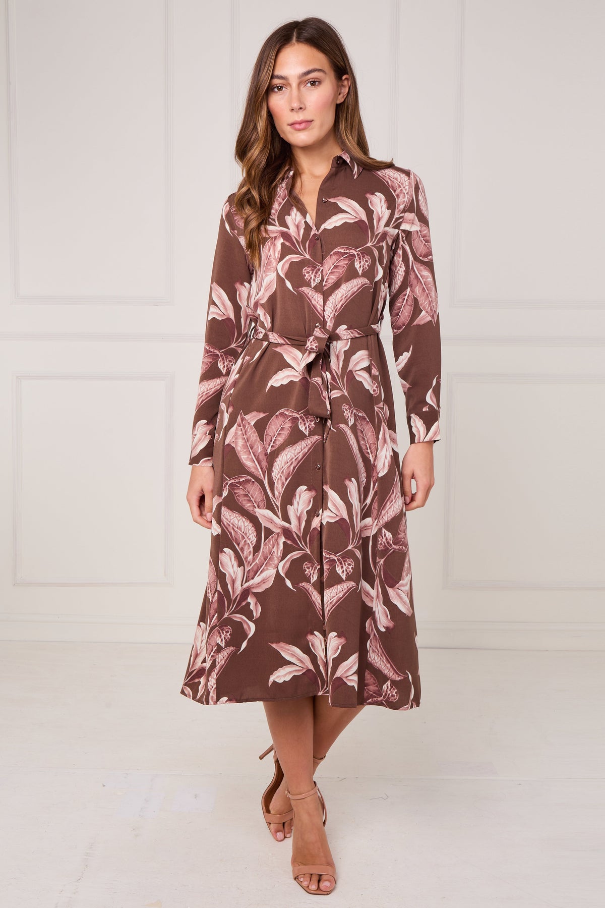 8Pcs Brown and Pink Botanical Floral Print Midi Shirt Dress