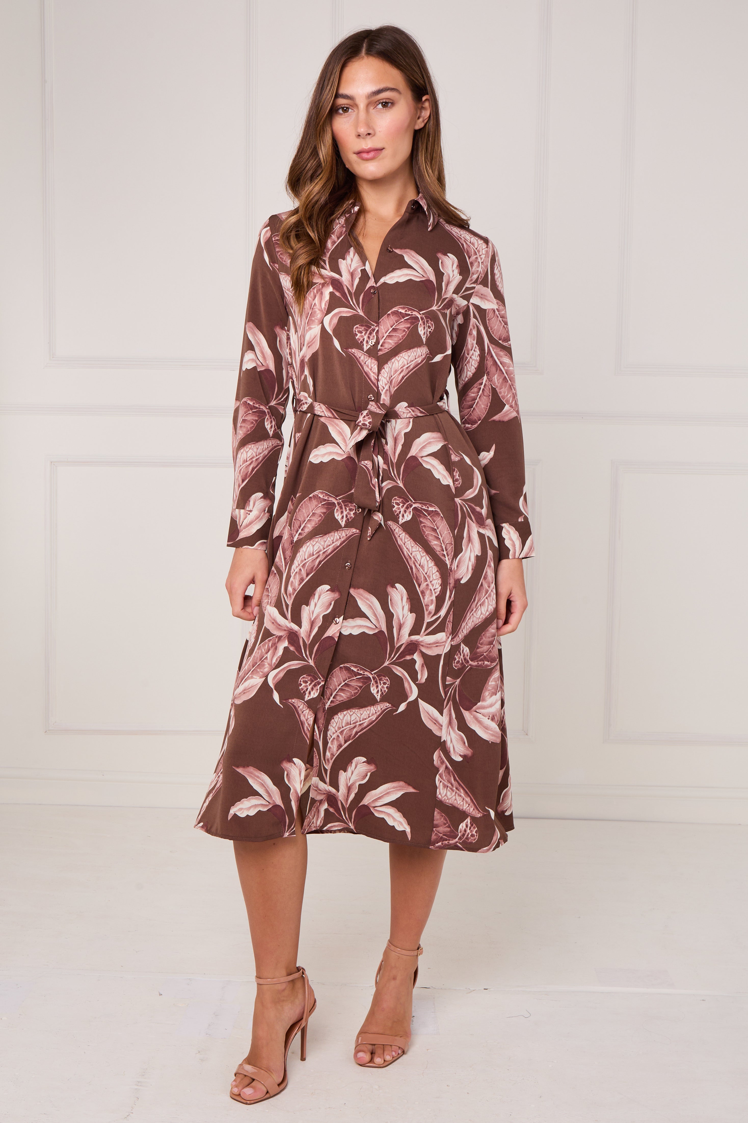 8Pcs Brown and Pink Botanical Floral Print Midi Shirt Dress