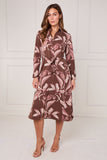 8Pcs Brown and Pink Botanical Floral Print Midi Shirt Dress