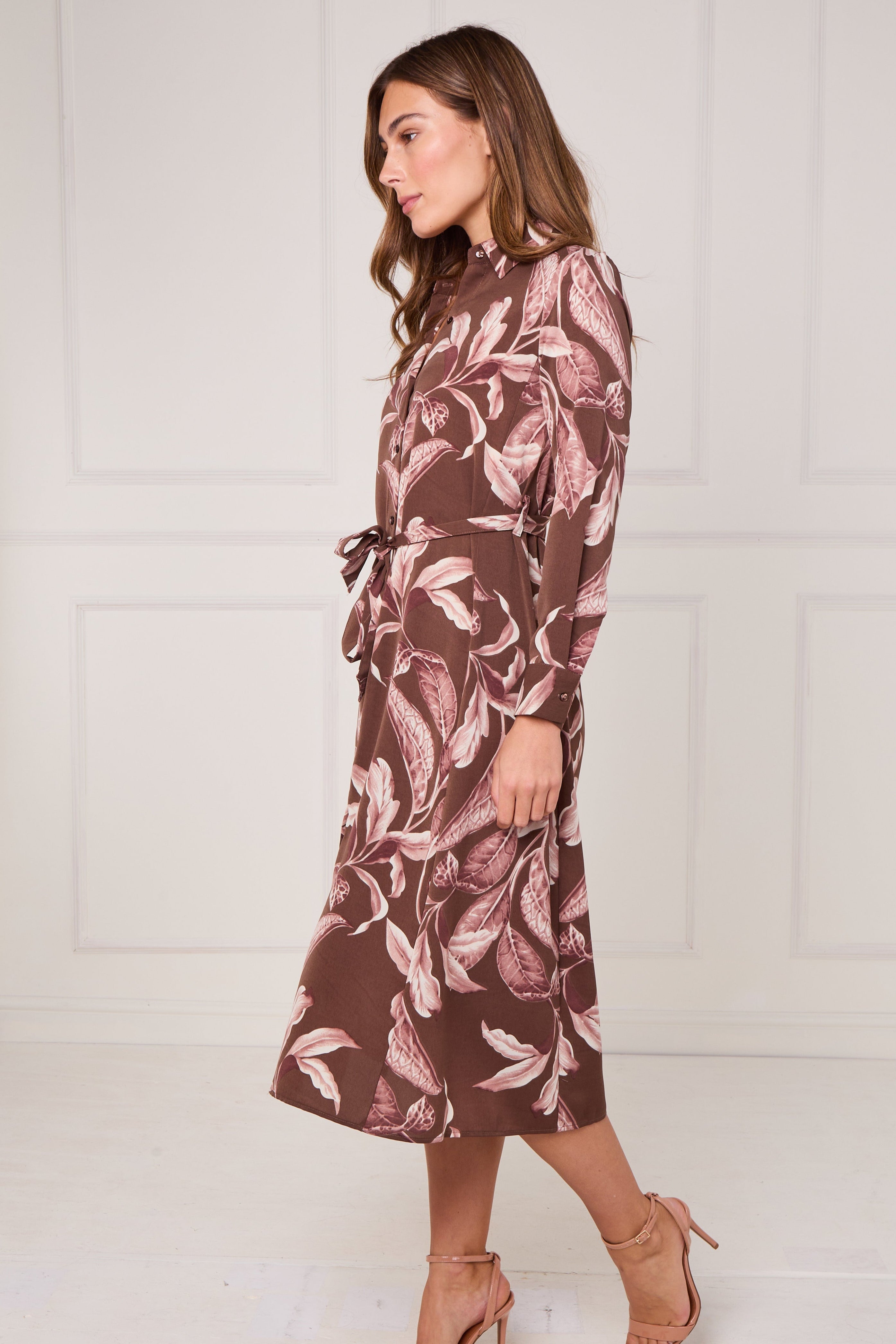 8Pcs Brown and Pink Botanical Floral Print Midi Shirt Dress