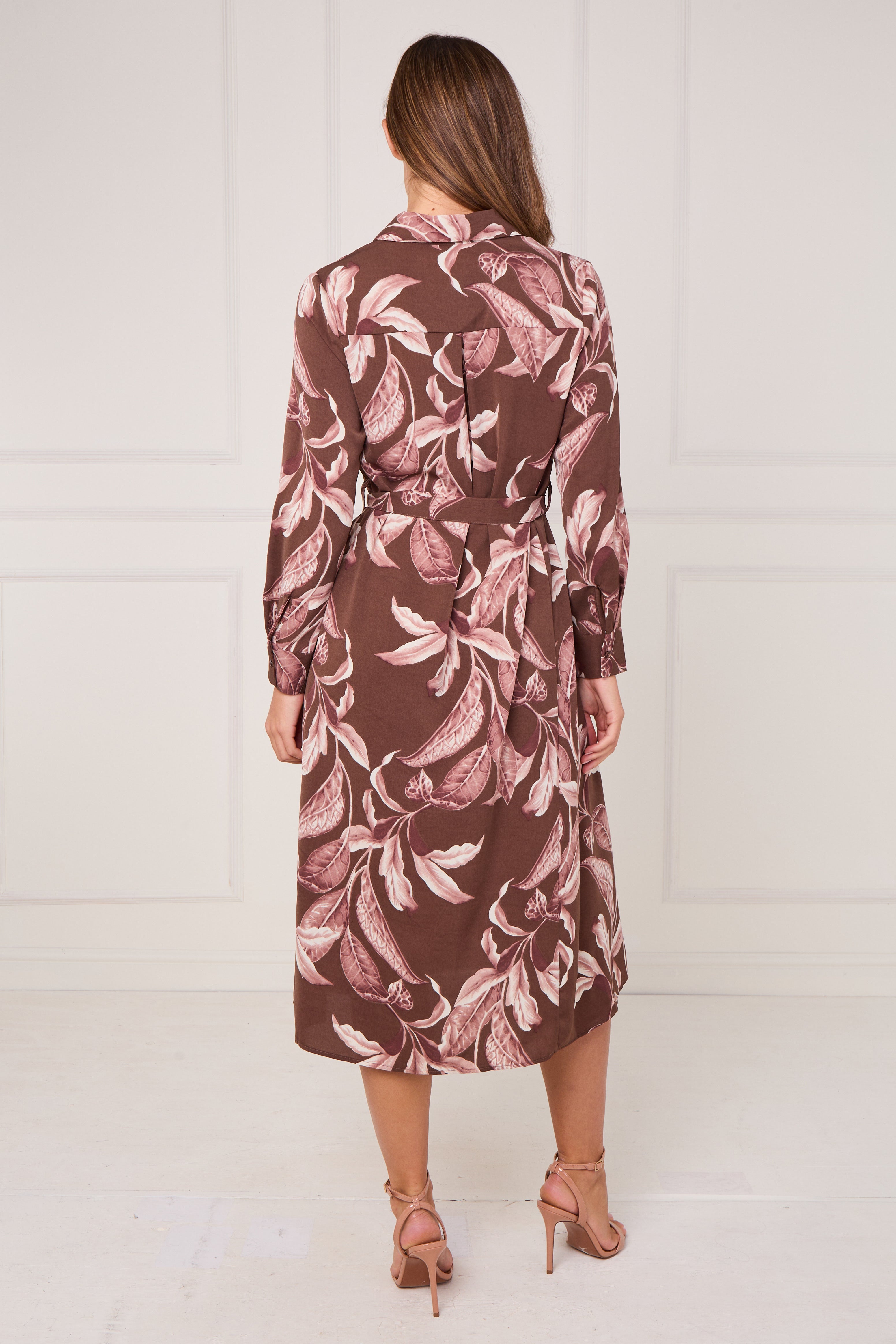 8Pcs Brown and Pink Botanical Floral Print Midi Shirt Dress