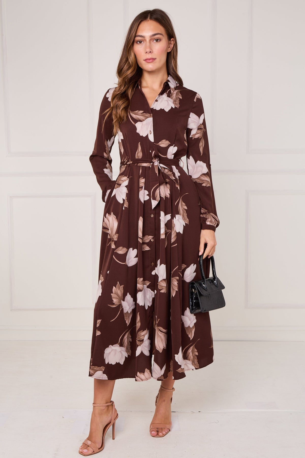 8Pcs Chocolate and Cream Magnolia Print Maxi Shirt Dress