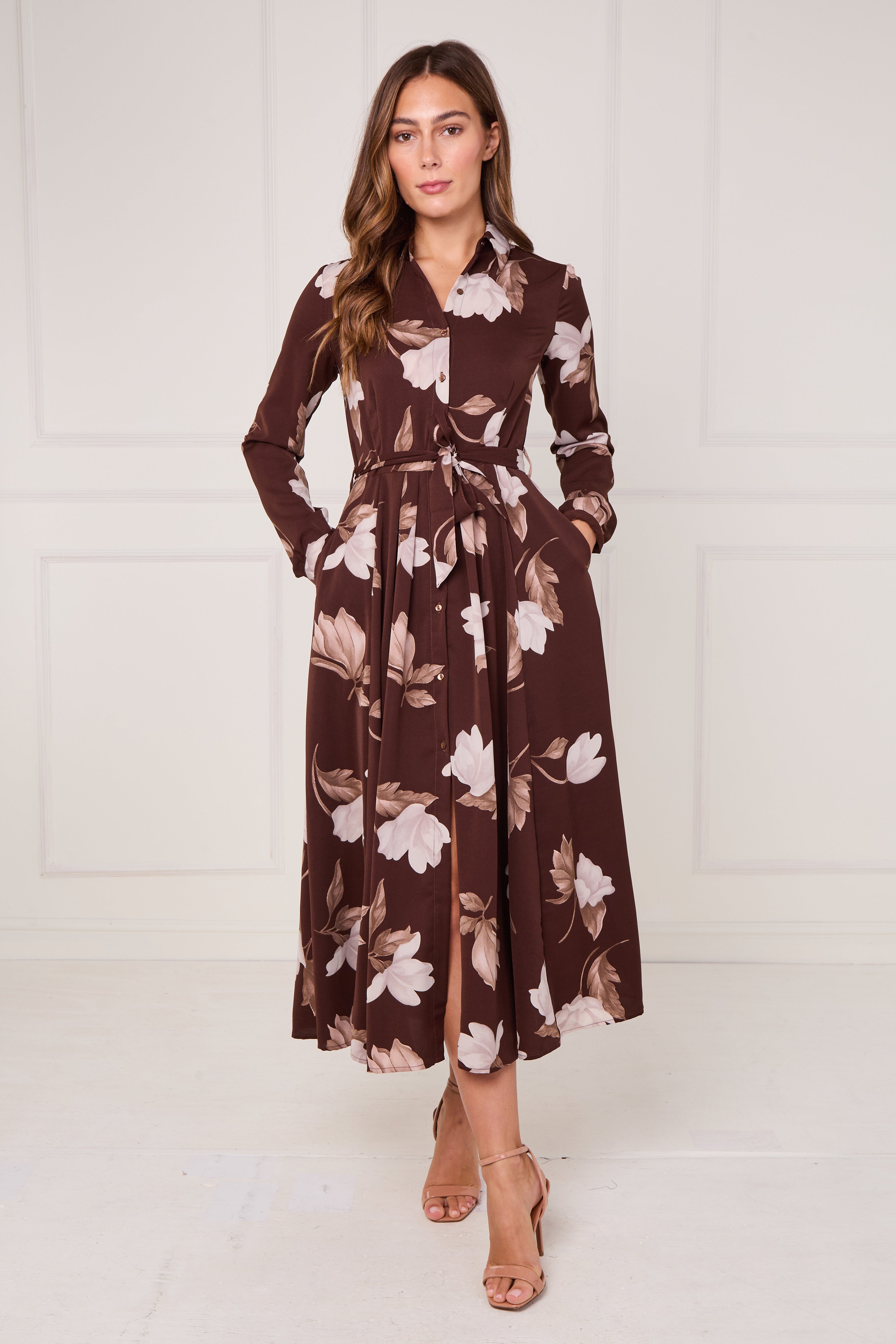 8Pcs Chocolate and Cream Magnolia Print Maxi Shirt Dress