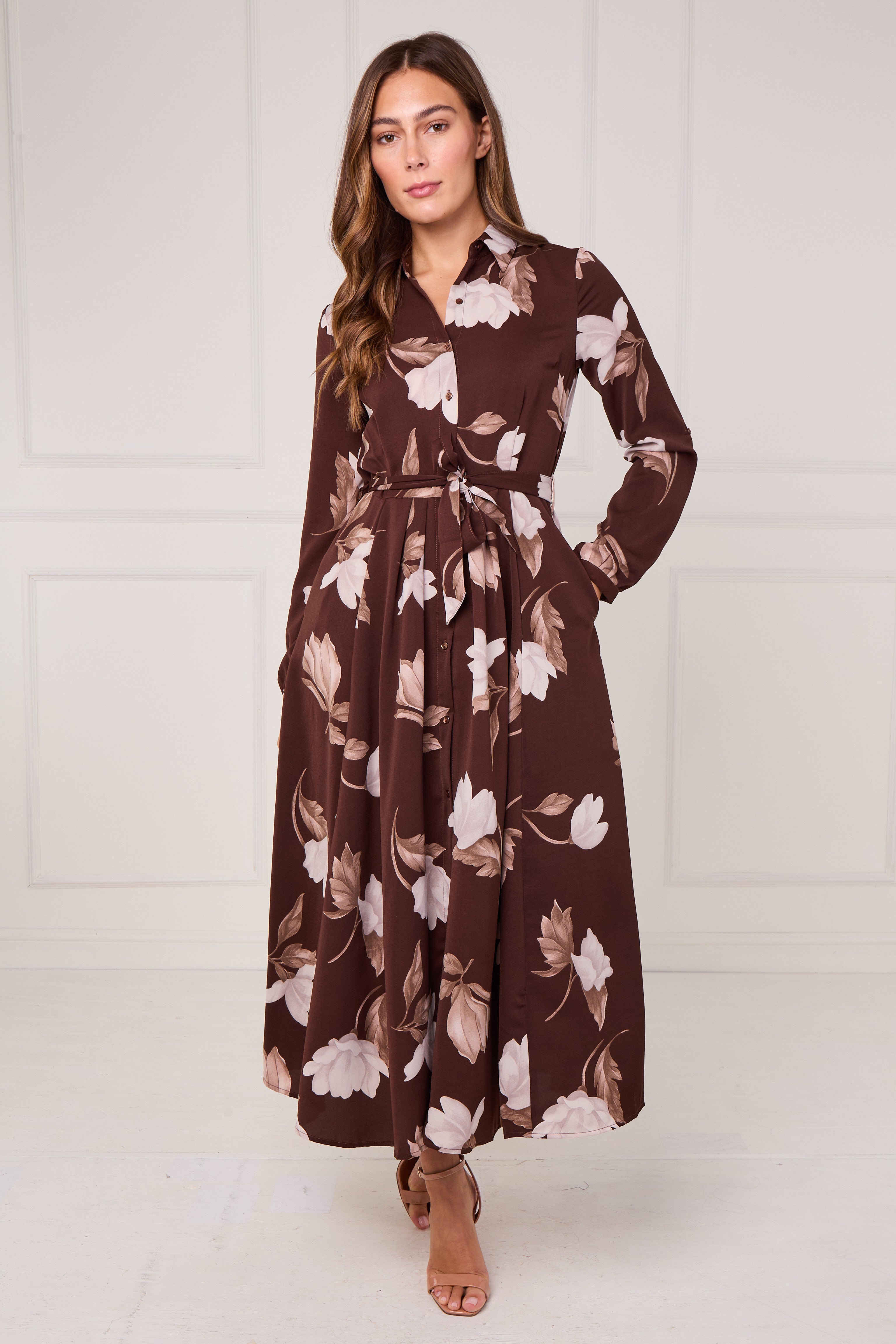 8Pcs Chocolate and Cream Magnolia Print Maxi Shirt Dress