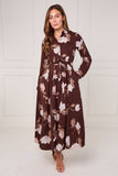 8Pcs Chocolate and Cream Magnolia Print Maxi Shirt Dress