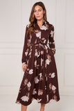 8Pcs Chocolate and Cream Magnolia Print Maxi Shirt Dress