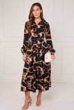 8Pcs Black and Caramel Swirl Print Maxi Shirt Dress