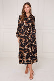 8Pcs Black and Caramel Swirl Print Maxi Shirt Dress