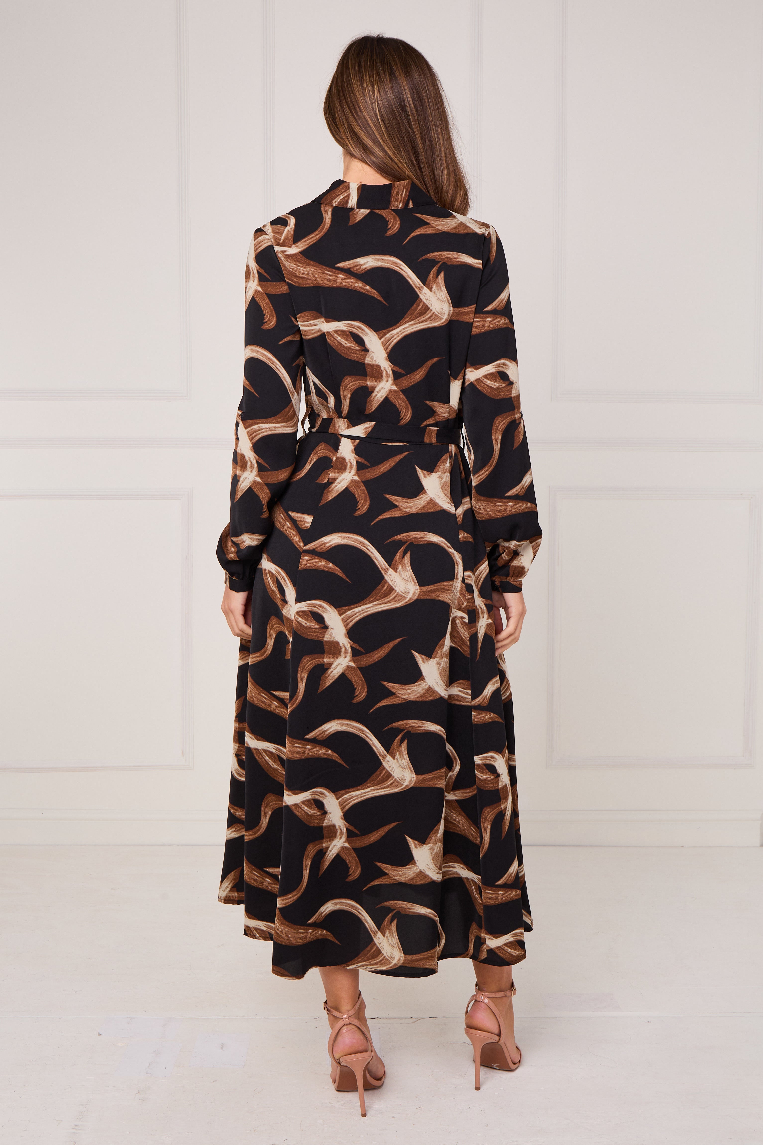 8Pcs Black and Caramel Swirl Print Maxi Shirt Dress