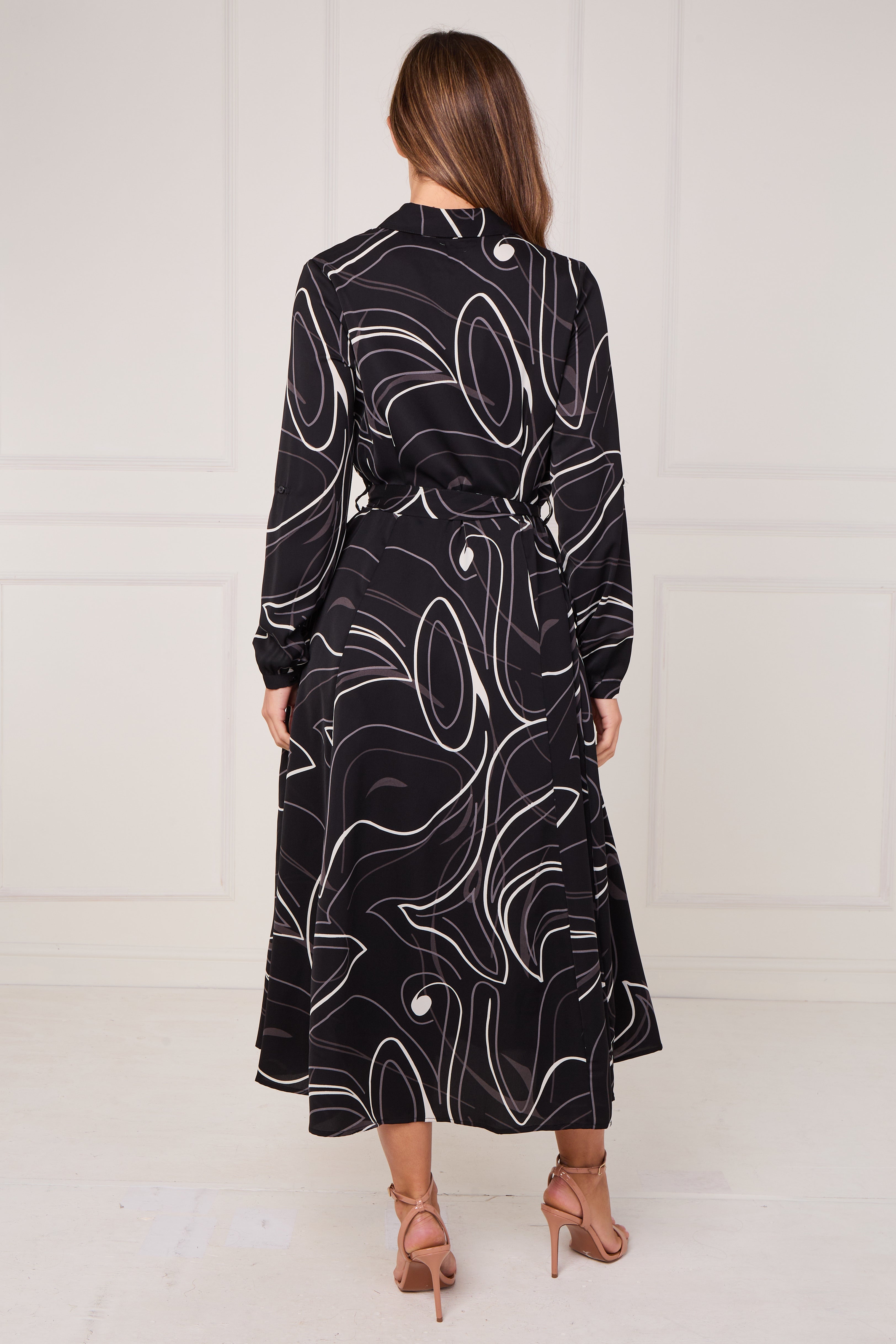 8Pcs Black and Ivory Contour Print Maxi Shirt Dress