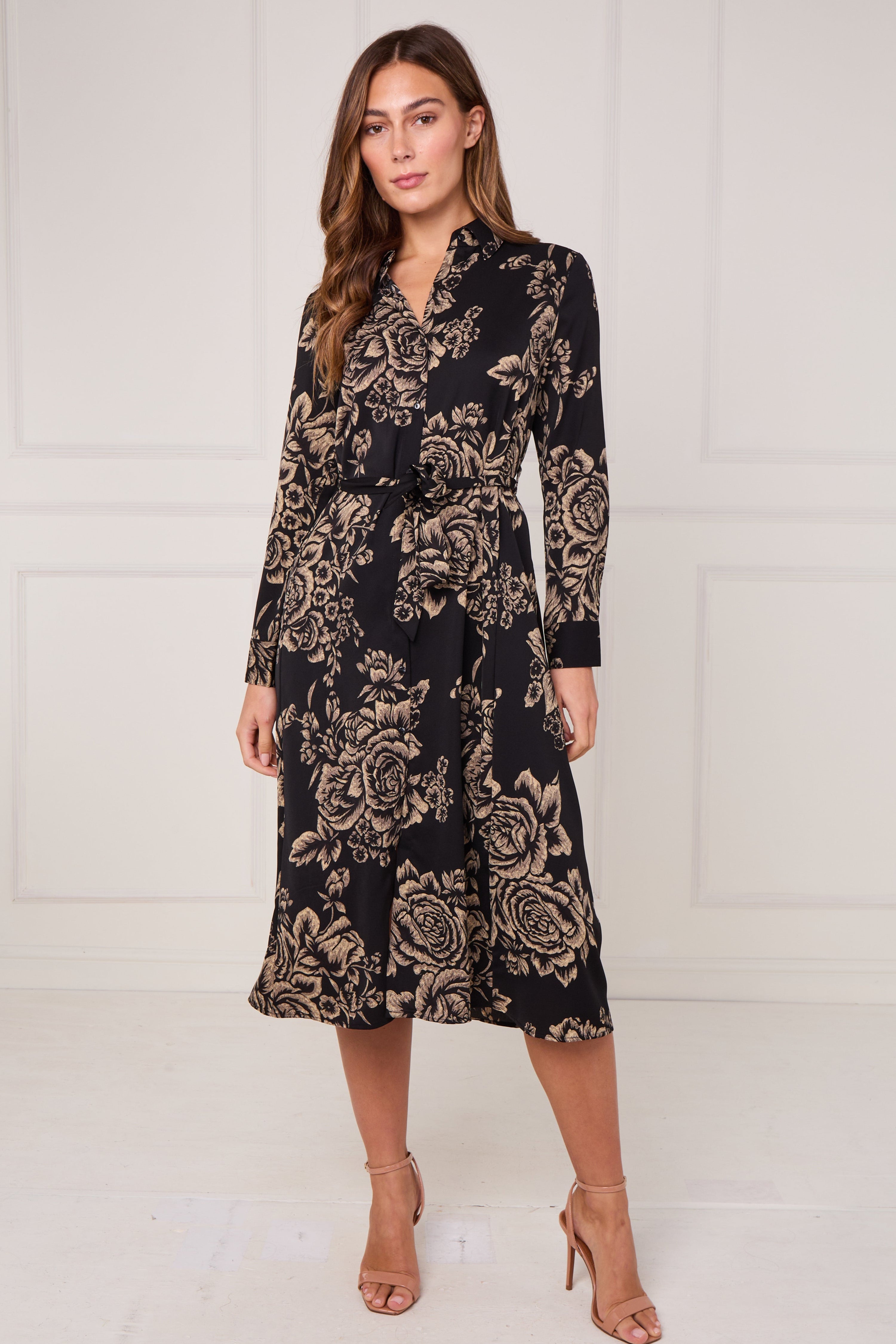 8Pcs Black and Gold Vintage Rose Print Midi Shirt Dress