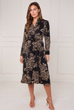8Pcs Black and Gold Vintage Rose Print Midi Shirt Dress