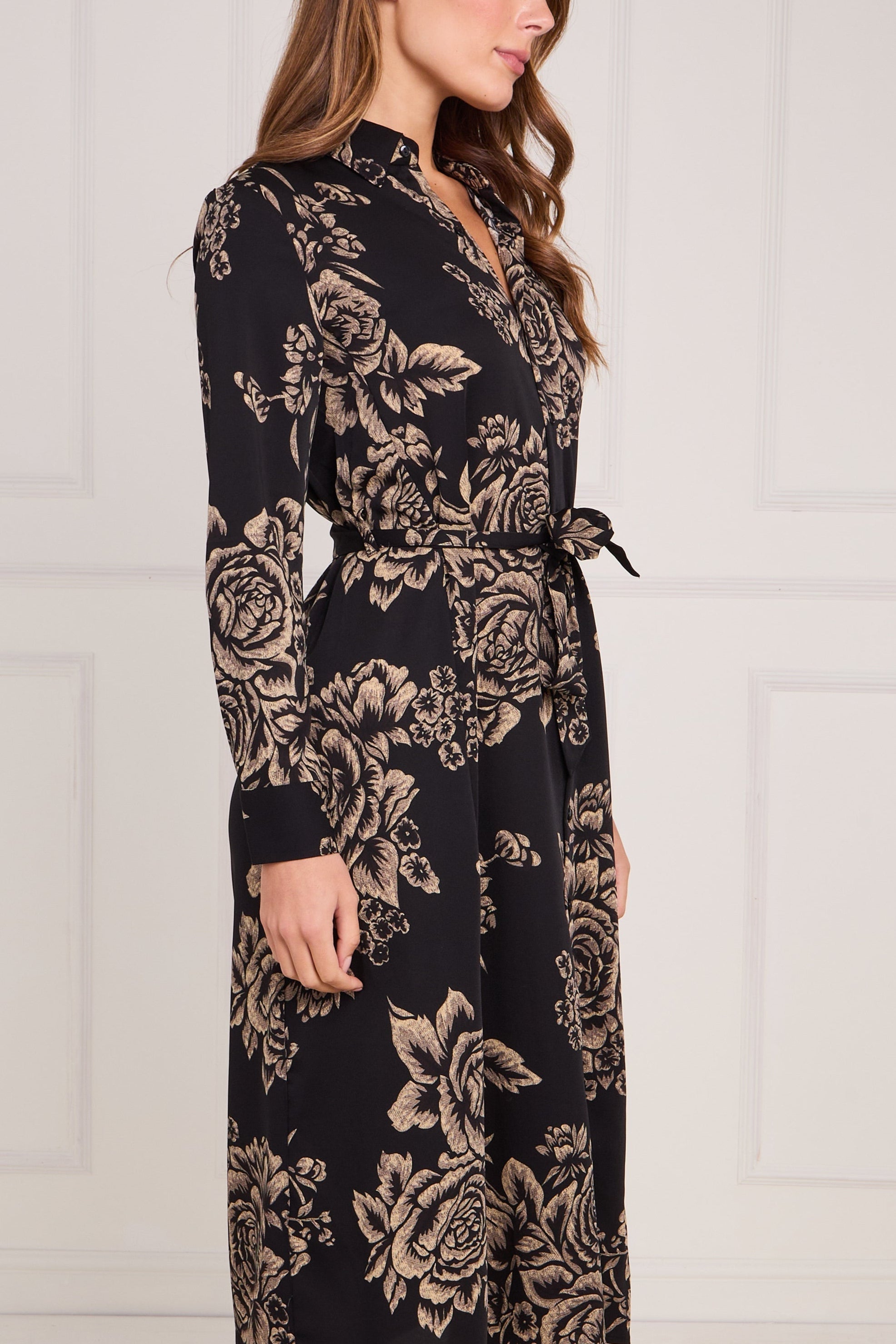 8Pcs Black and Gold Vintage Rose Print Midi Shirt Dress
