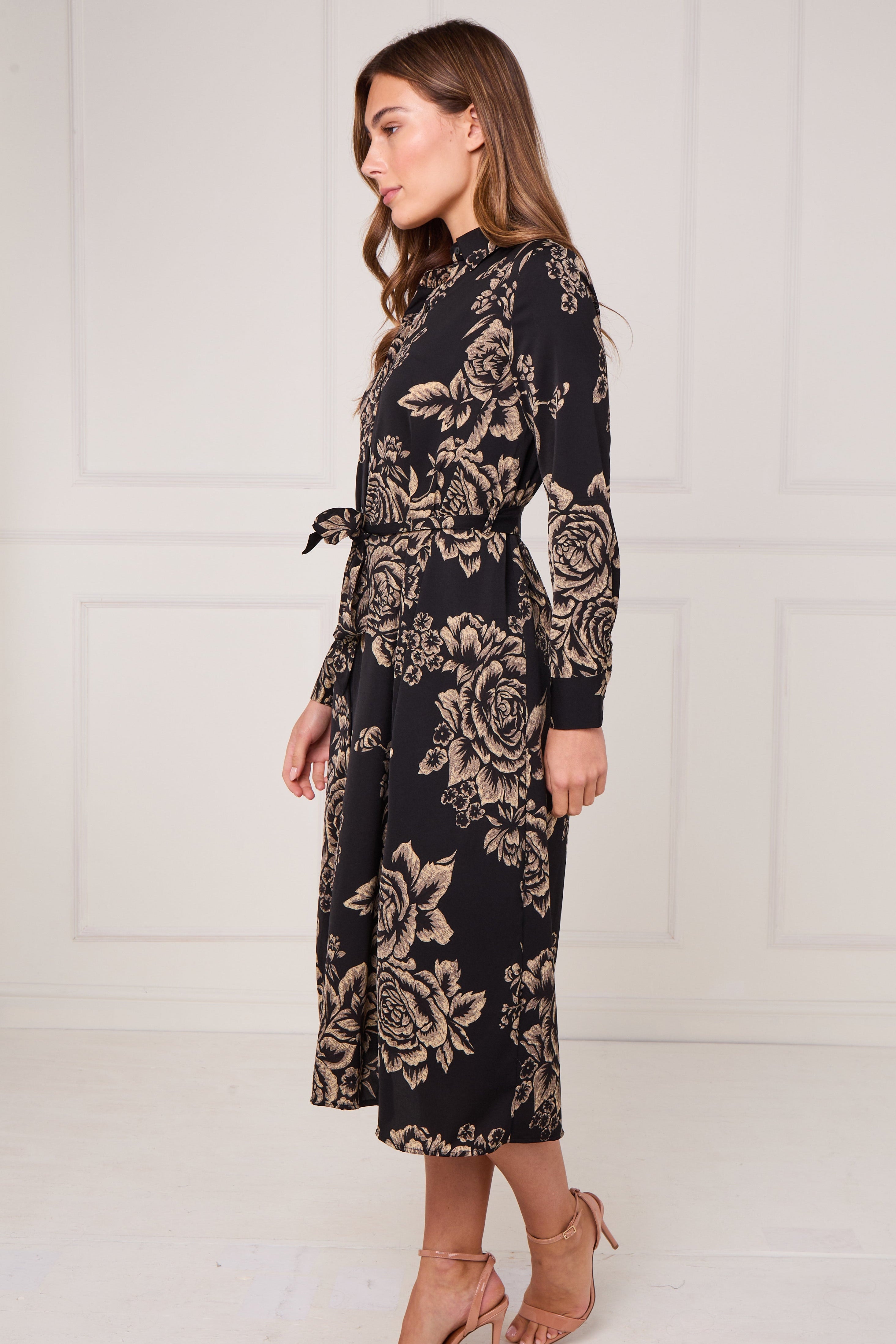 8Pcs Black and Gold Vintage Rose Print Midi Shirt Dress