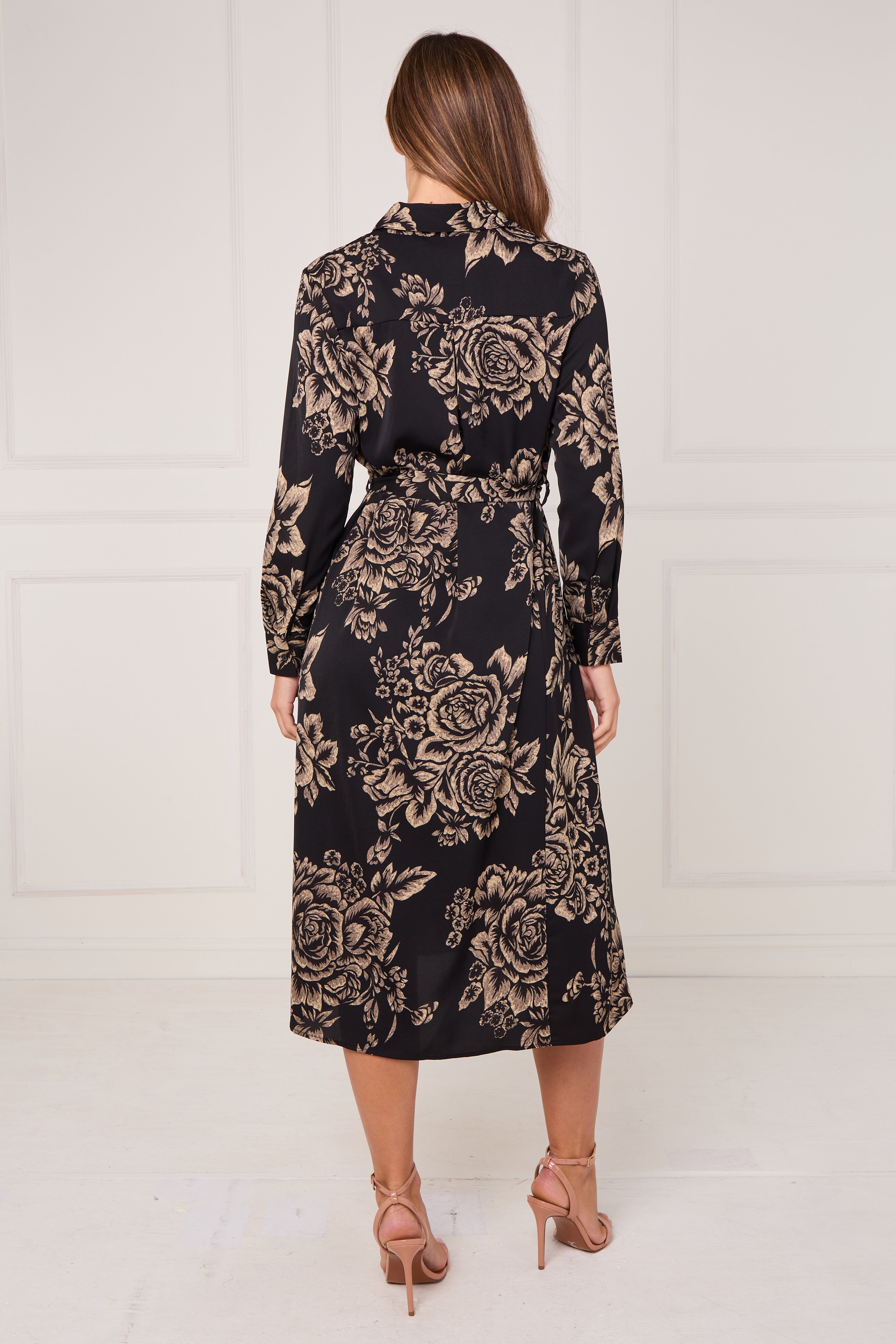 8Pcs Black and Gold Vintage Rose Print Midi Shirt Dress
