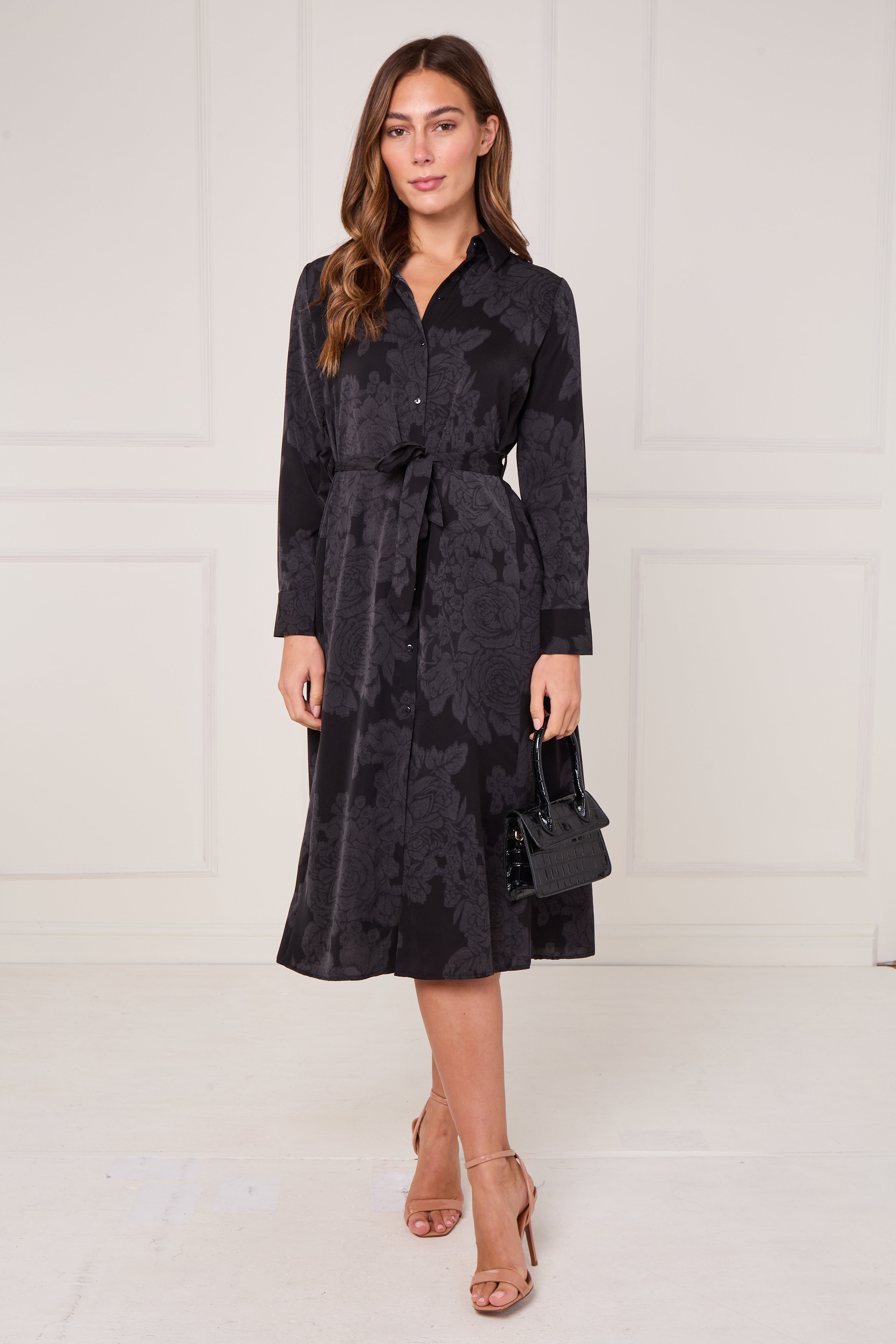 8Pcs Black Tonal Floral Print Midi Shirt Dress