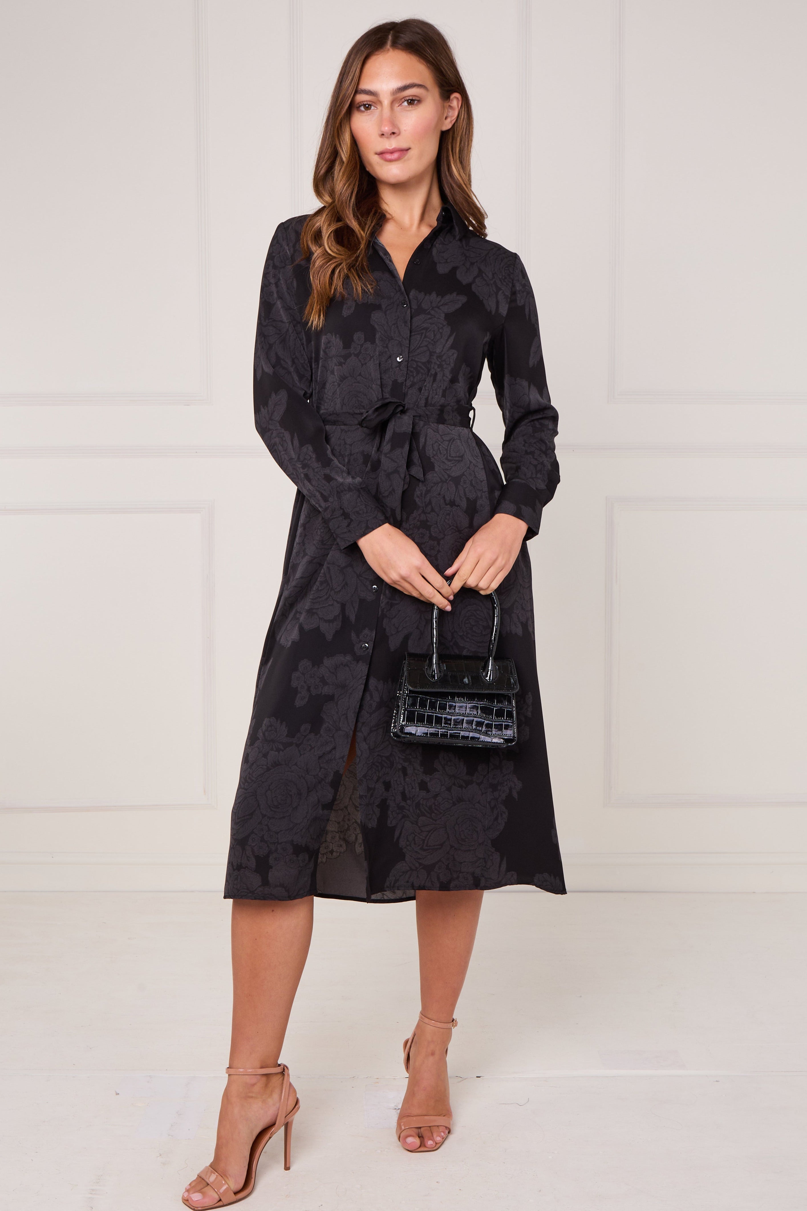 8Pcs Black Tonal Floral Print Midi Shirt Dress