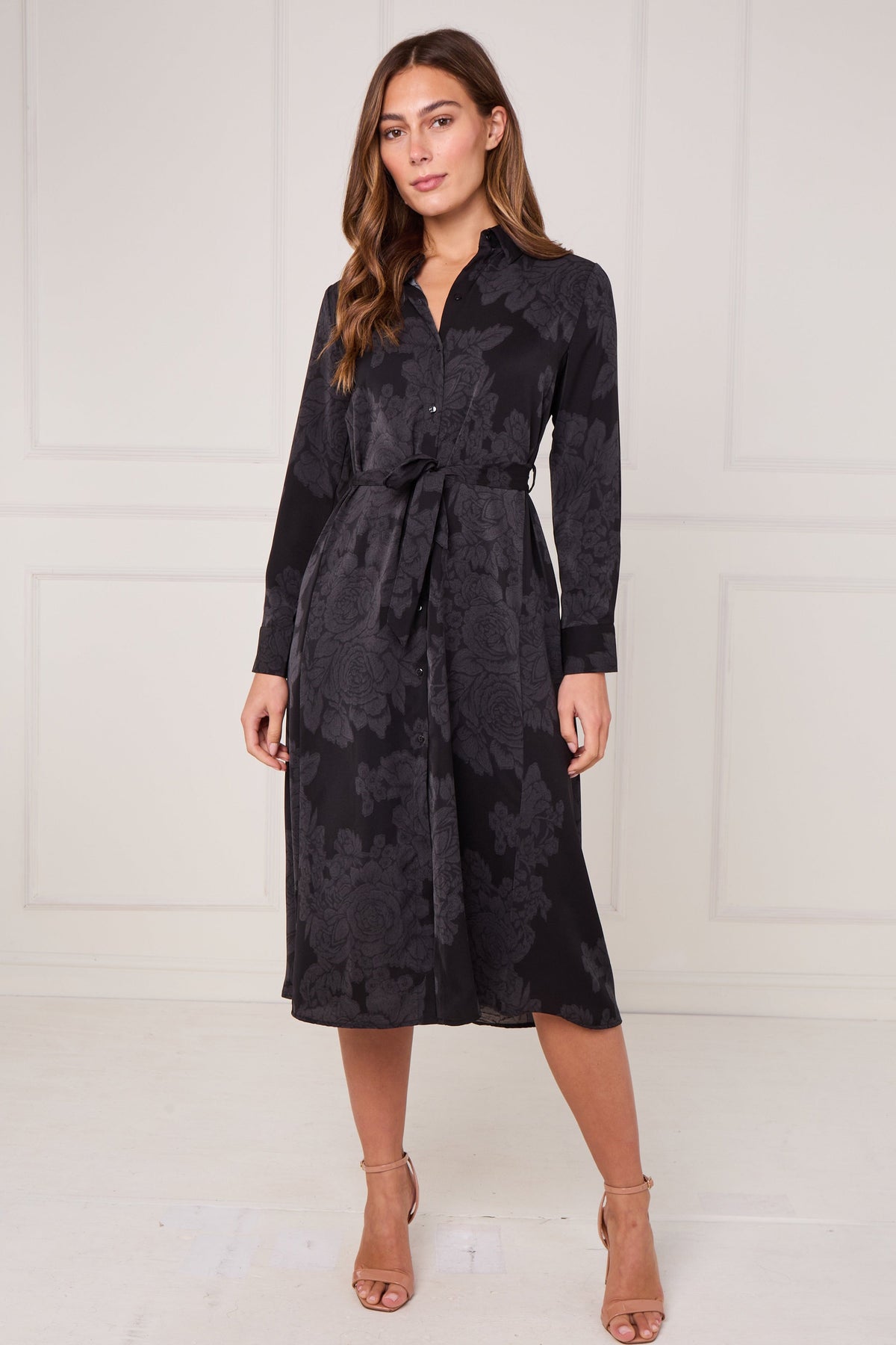 8Pcs Black Tonal Floral Print Midi Shirt Dress