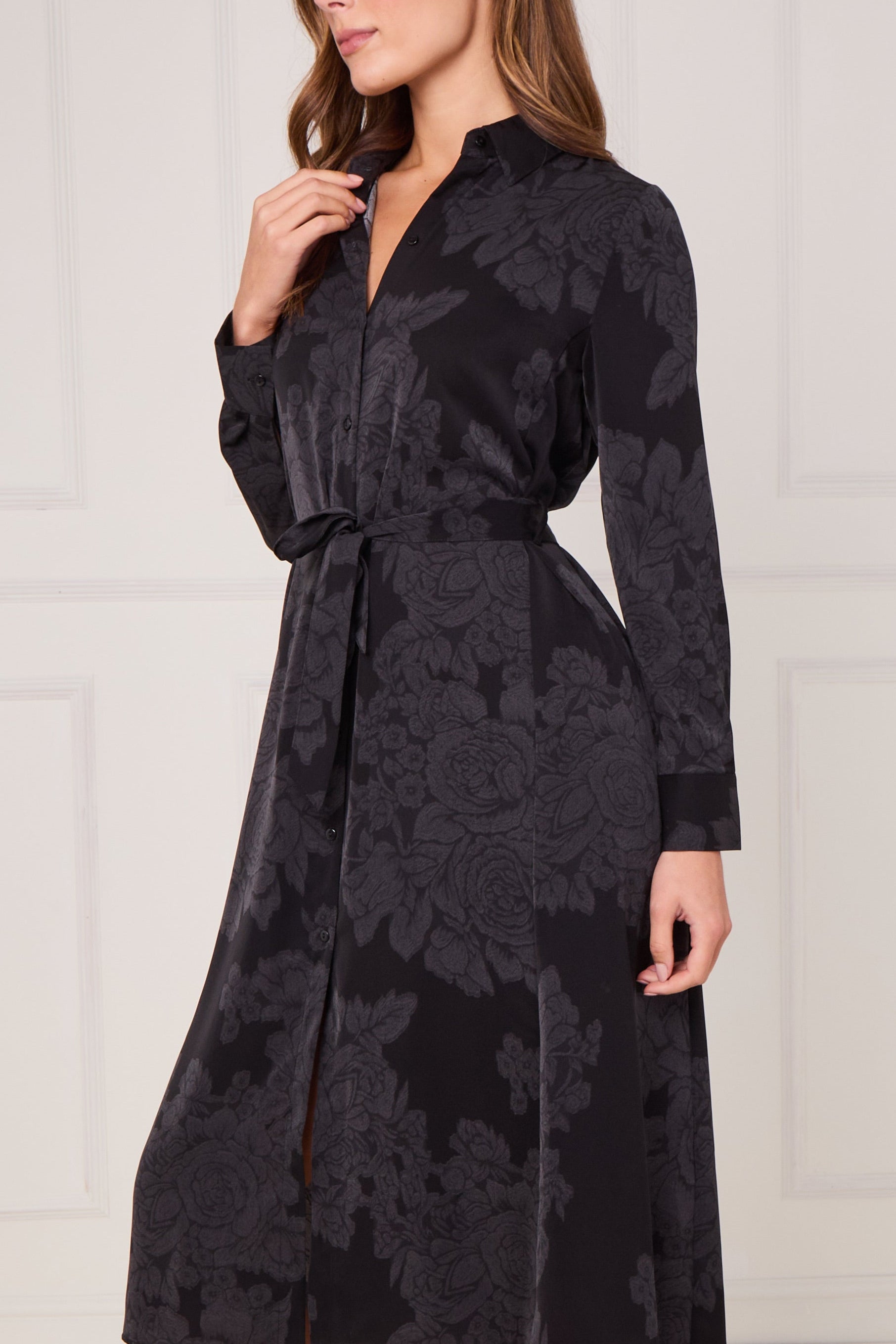 8Pcs Black Tonal Floral Print Midi Shirt Dress