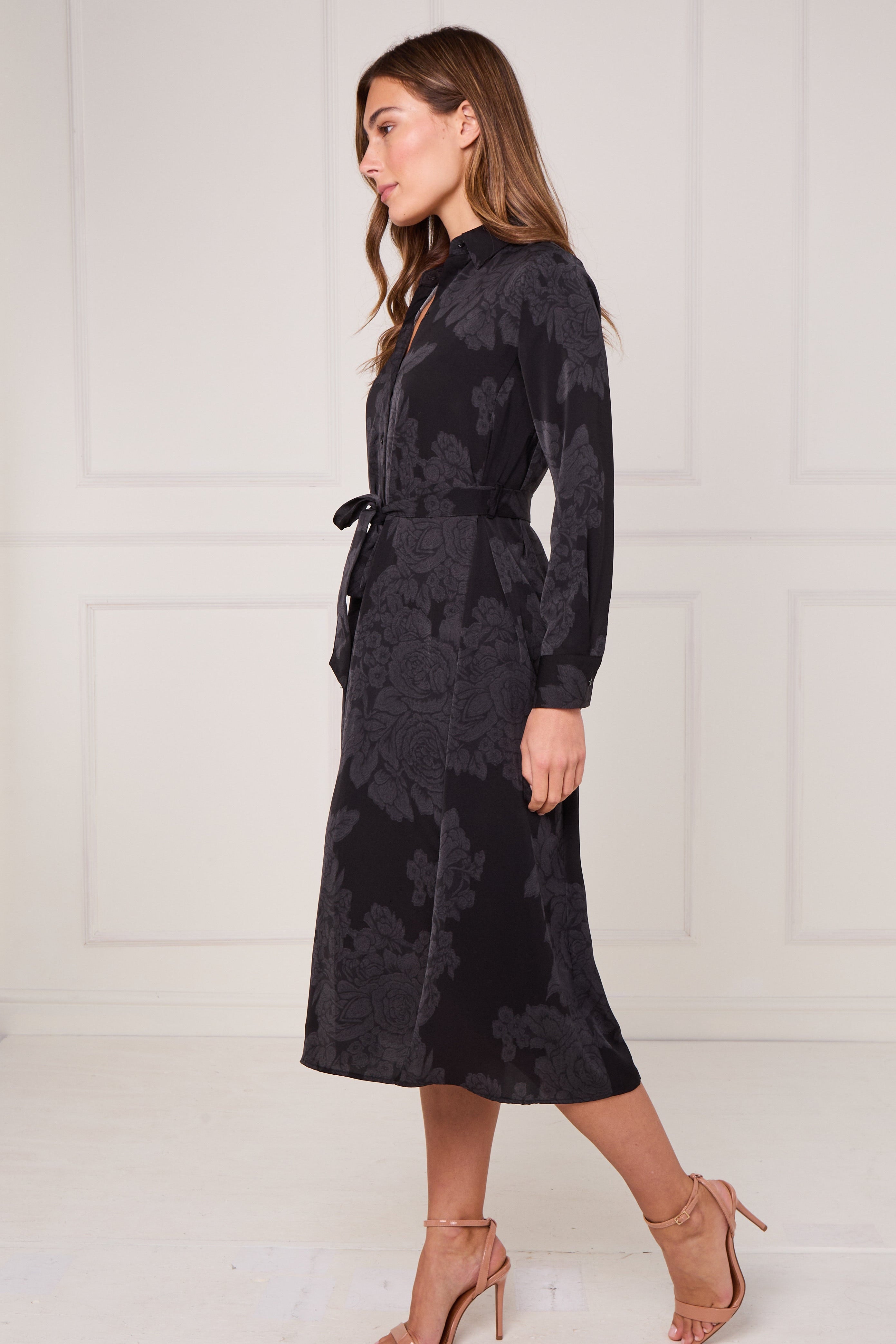 8Pcs Black Tonal Floral Print Midi Shirt Dress