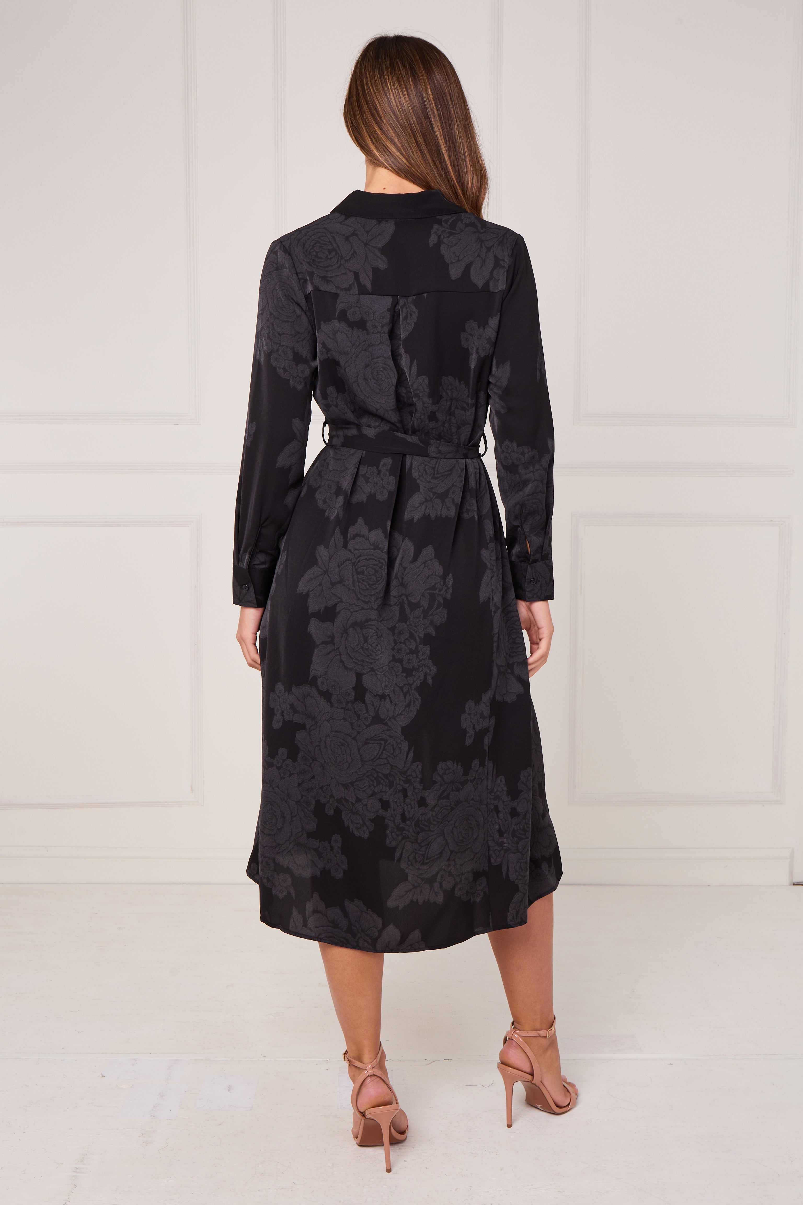 8Pcs Black Tonal Floral Print Midi Shirt Dress