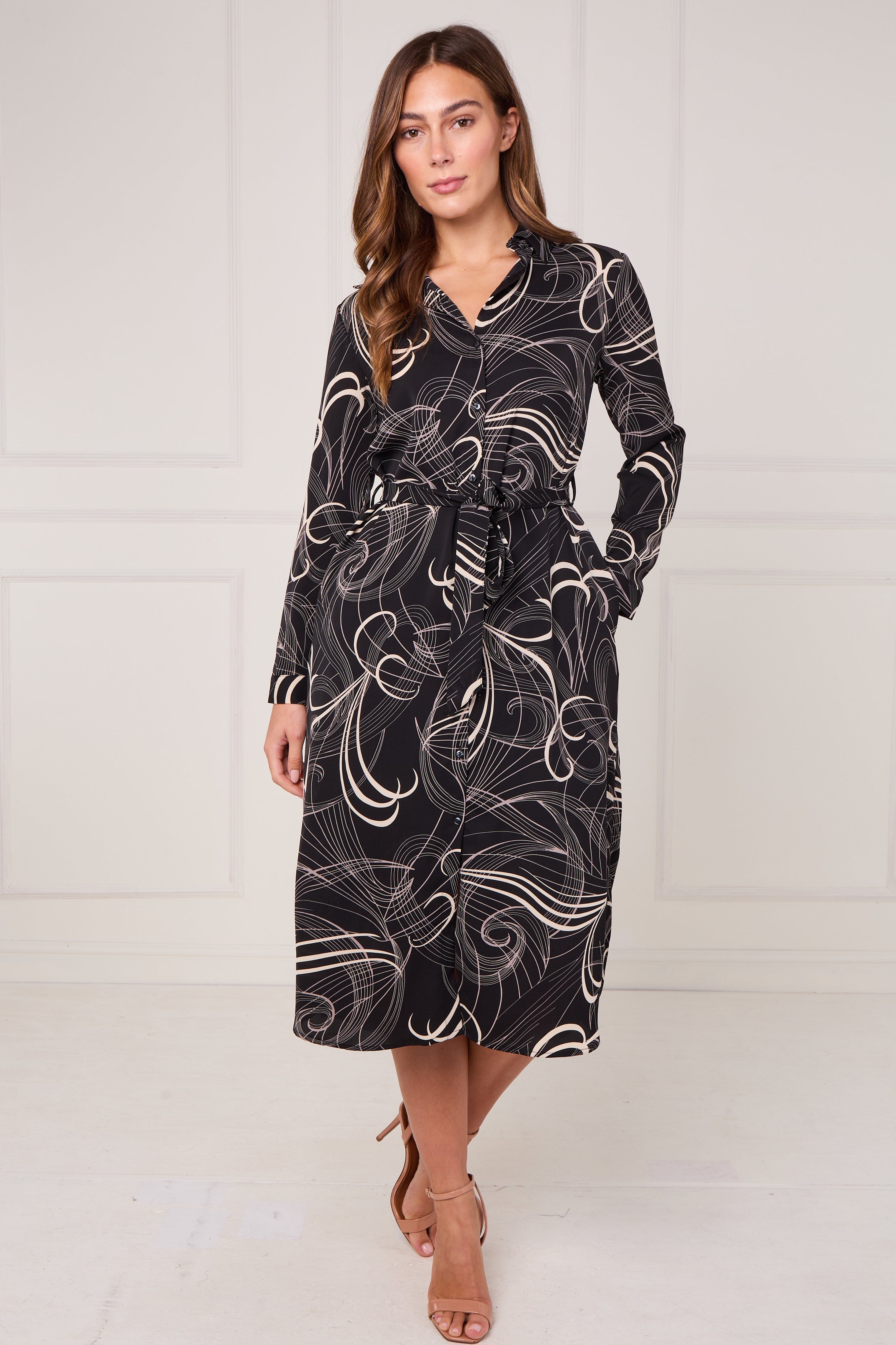 8Pcs Black Abstract Swirl Print Midi Shirt Dress
