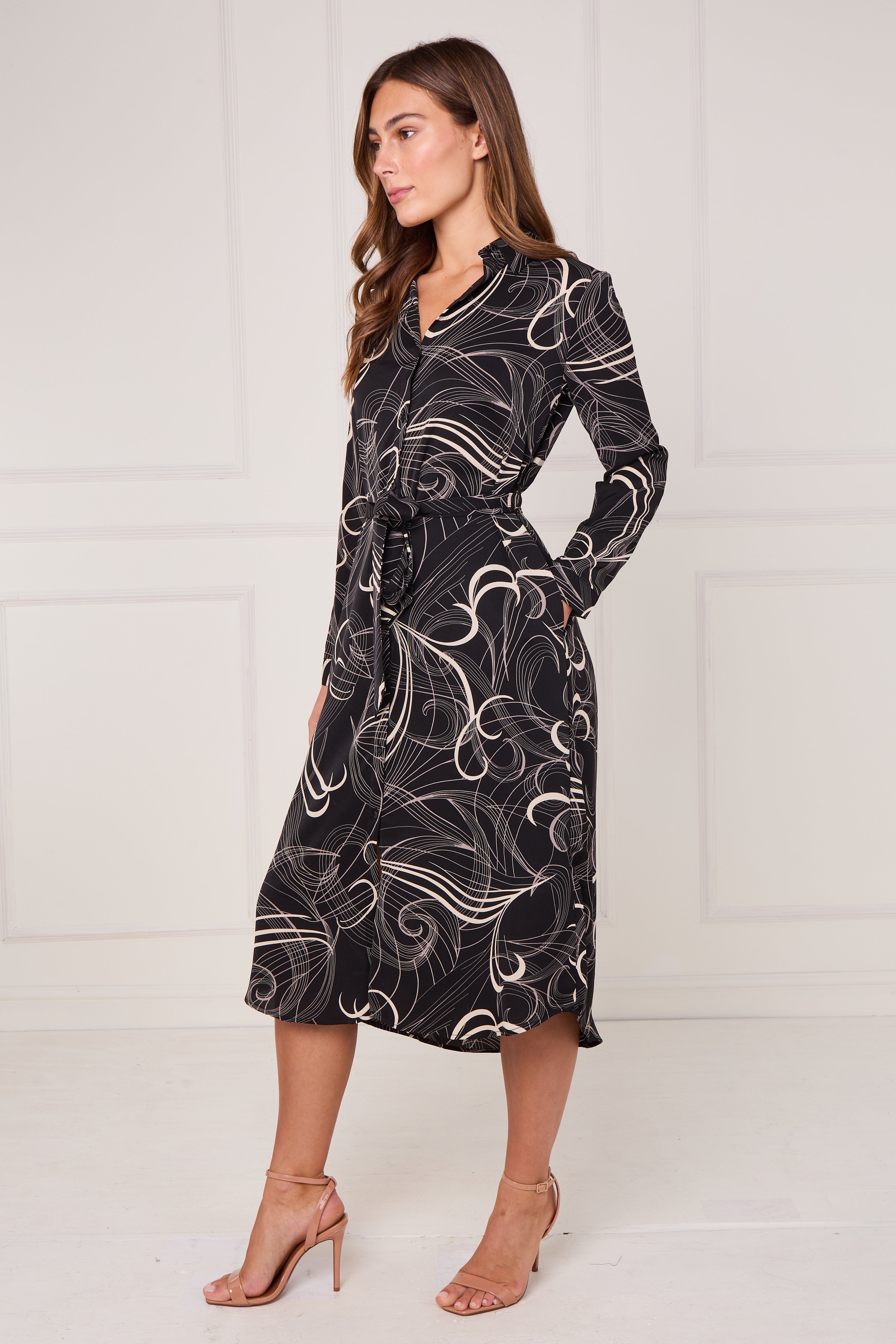 8Pcs Black Abstract Swirl Print Midi Shirt Dress