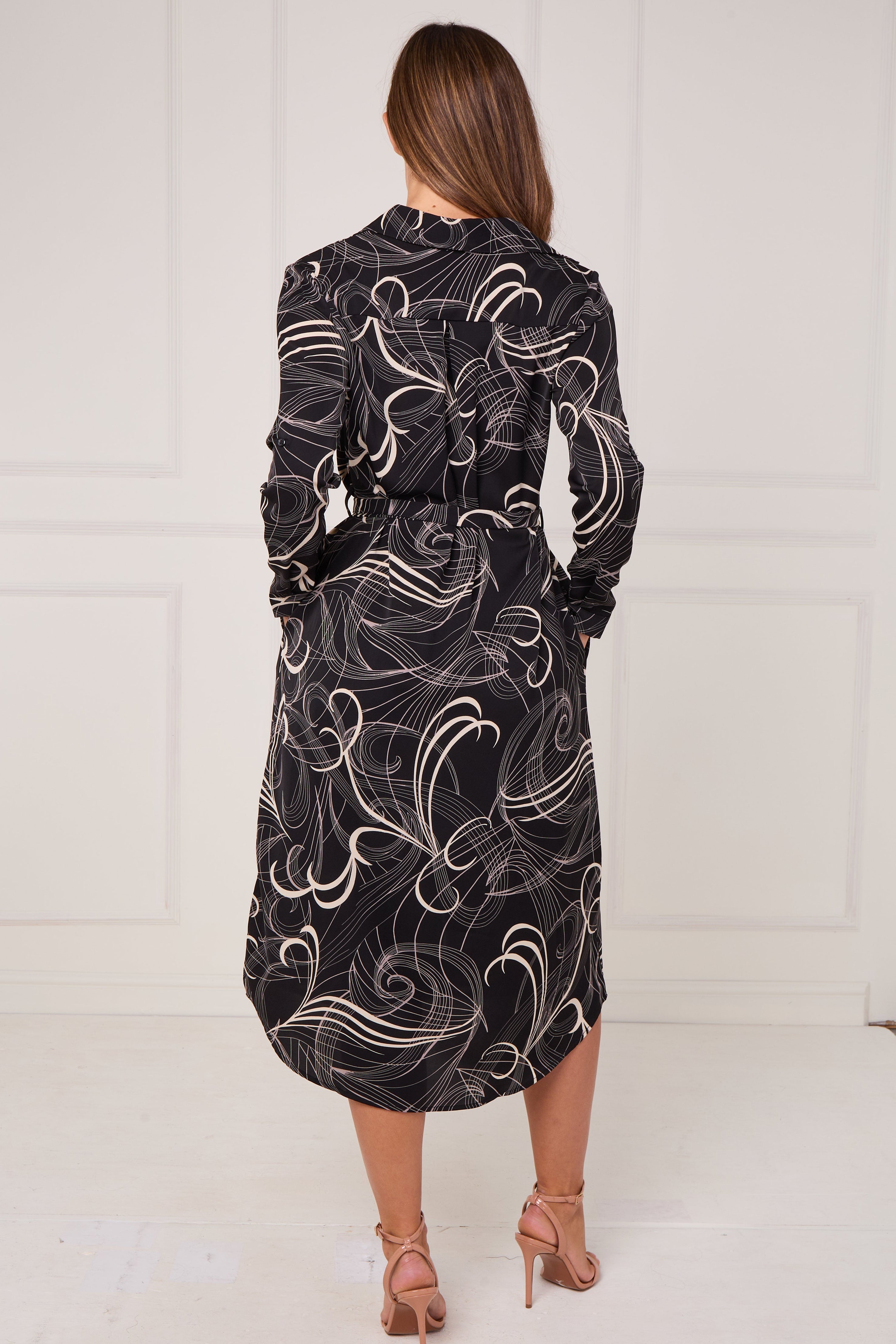 8Pcs Black Abstract Swirl Print Midi Shirt Dress