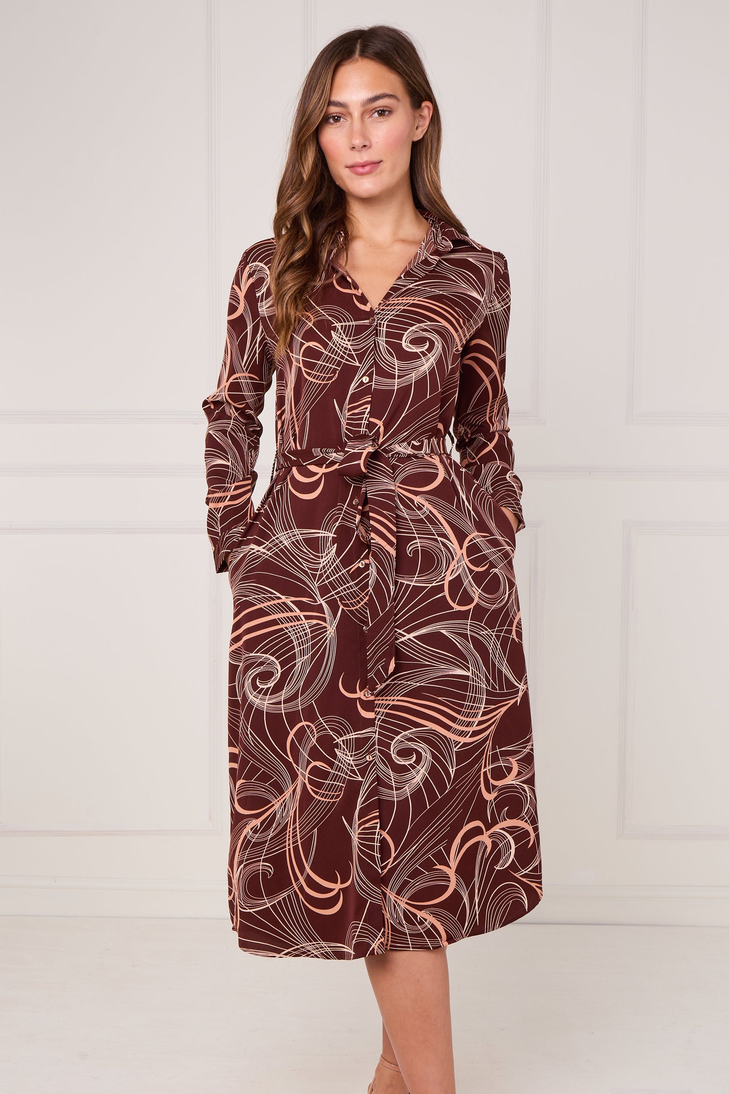 8Pcs Chocolate Abstract Swirl Print Midi Shirt Dress