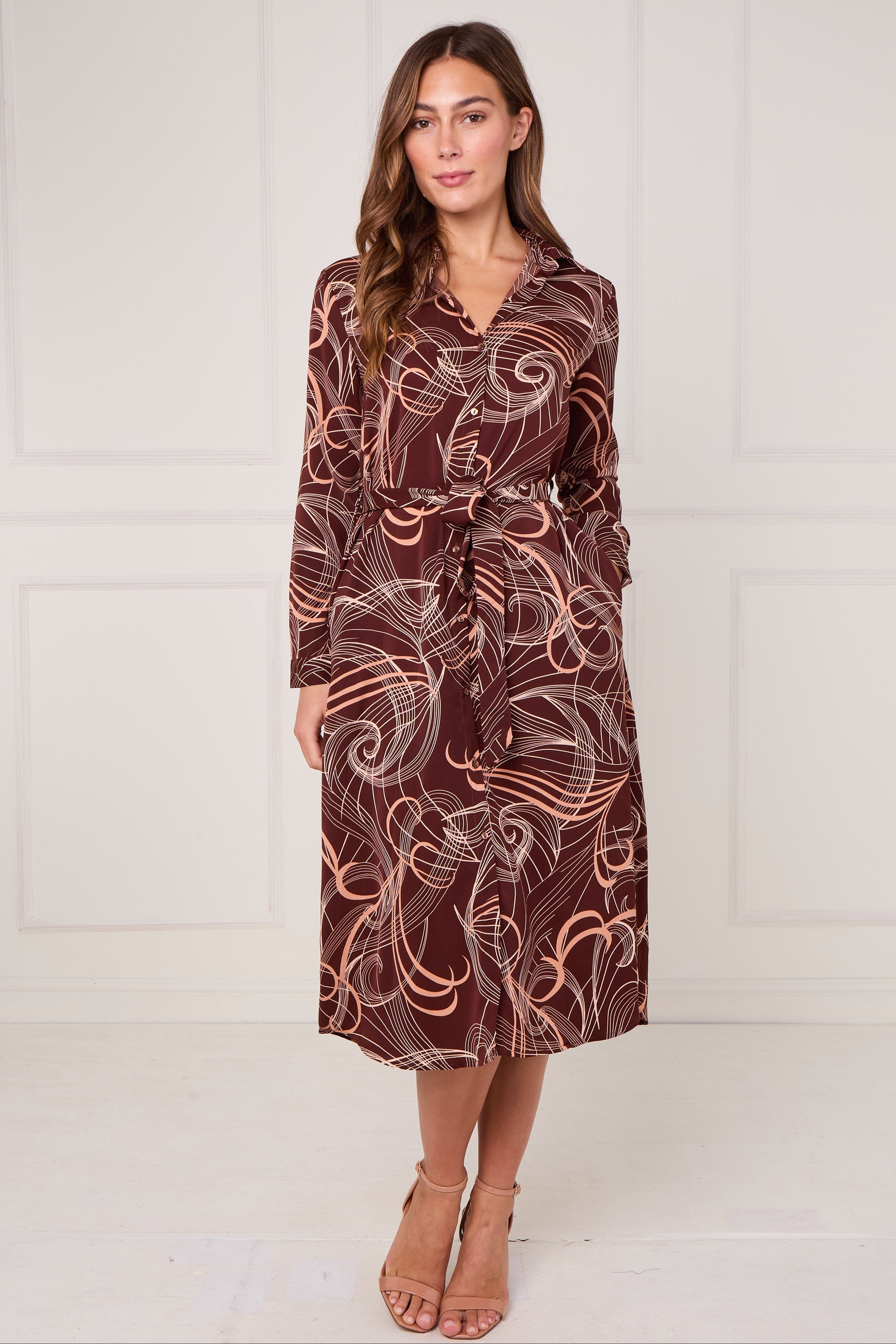 8Pcs Chocolate Abstract Swirl Print Midi Shirt Dress