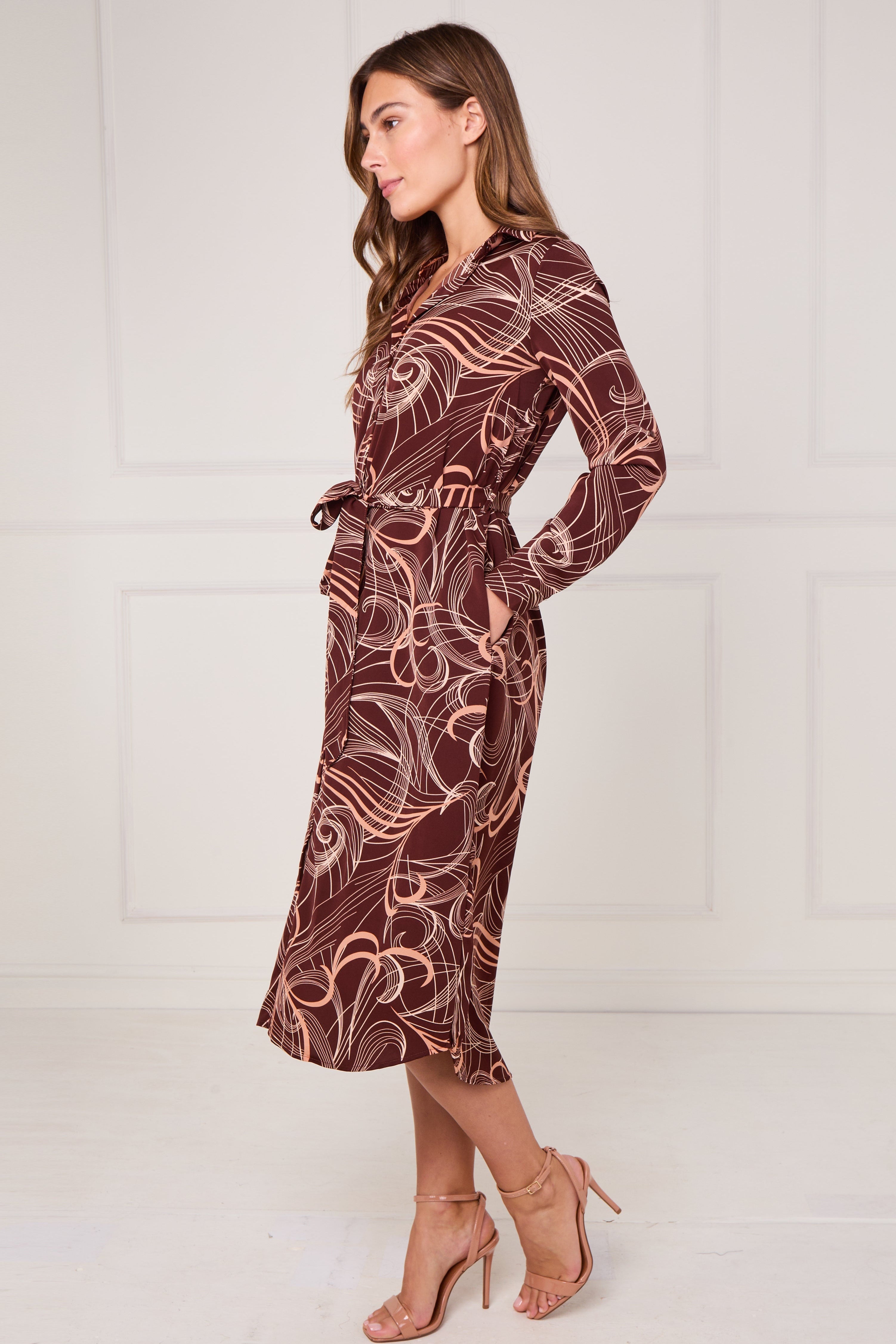8Pcs Chocolate Abstract Swirl Print Midi Shirt Dress