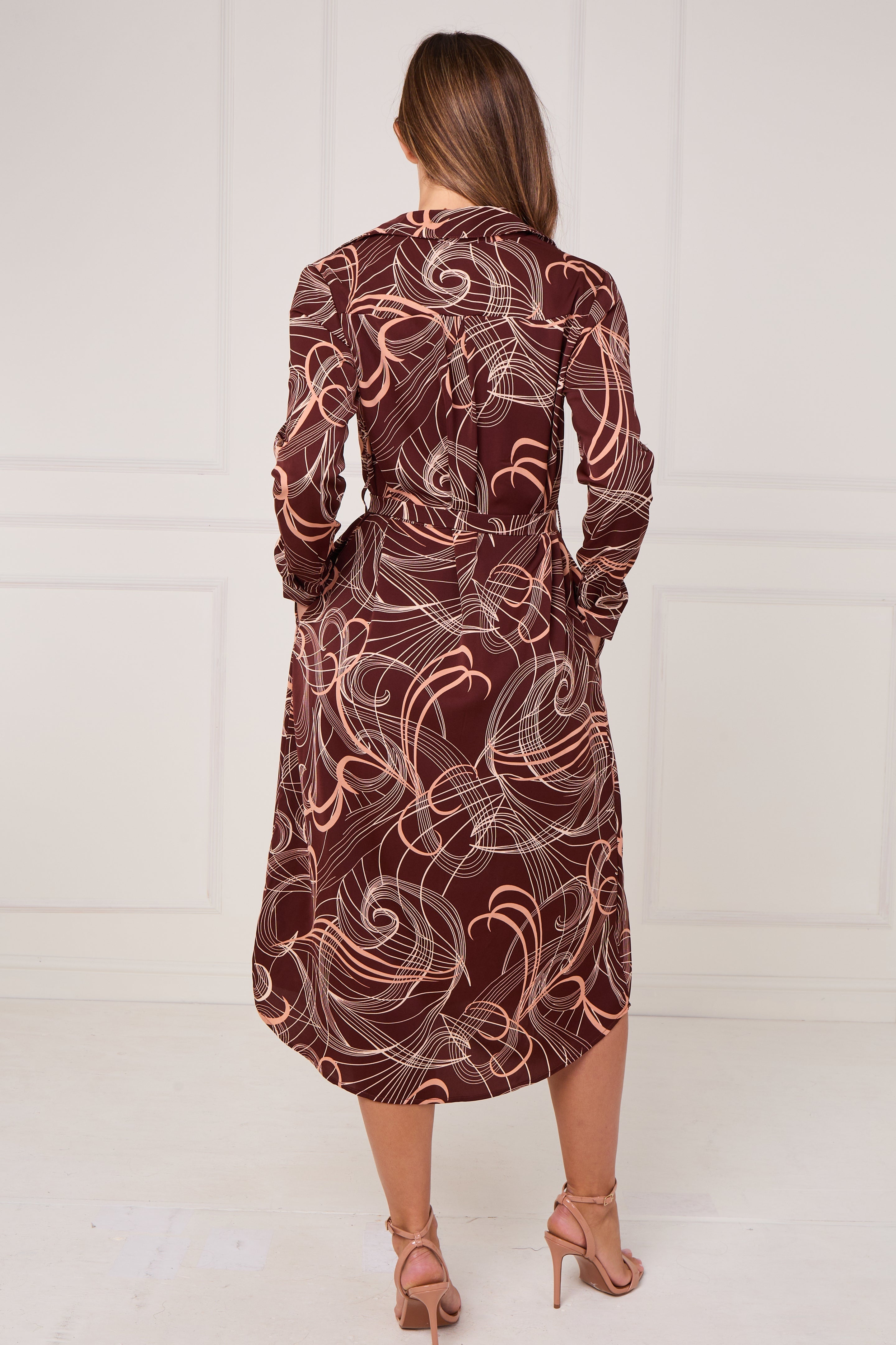 8Pcs Chocolate Abstract Swirl Print Midi Shirt Dress