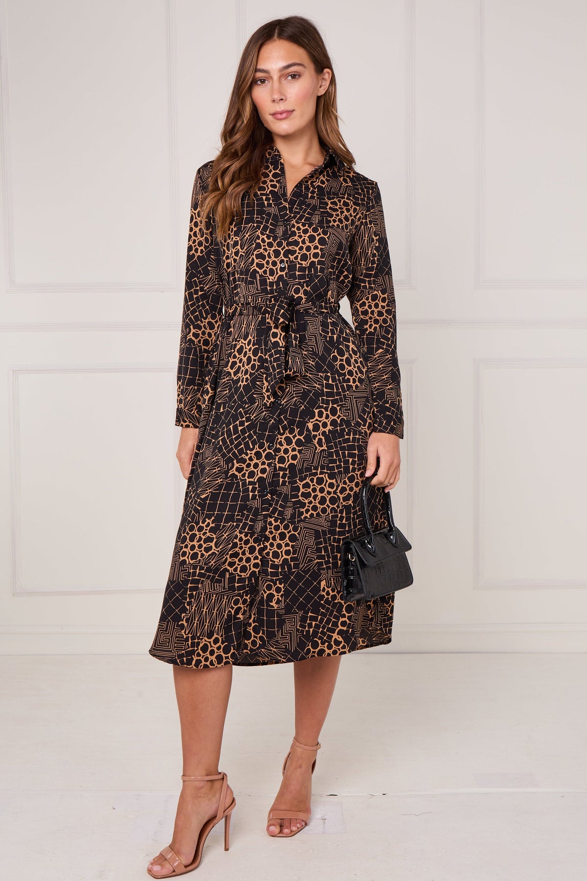 8Pcs Caramel Modern Patchwork Geo Print Midi Shirt Dress